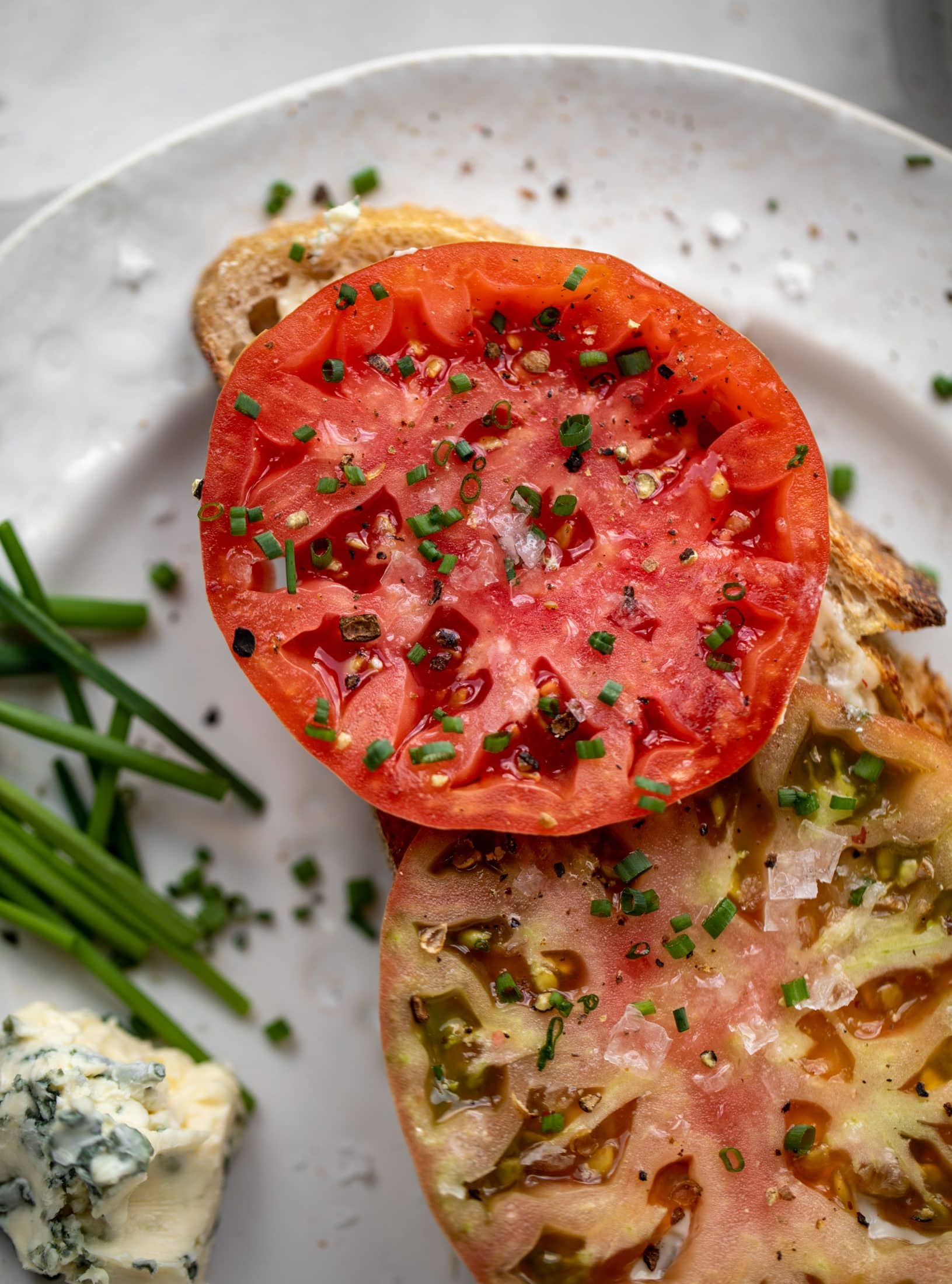 tomato toast with blue cheese mayo