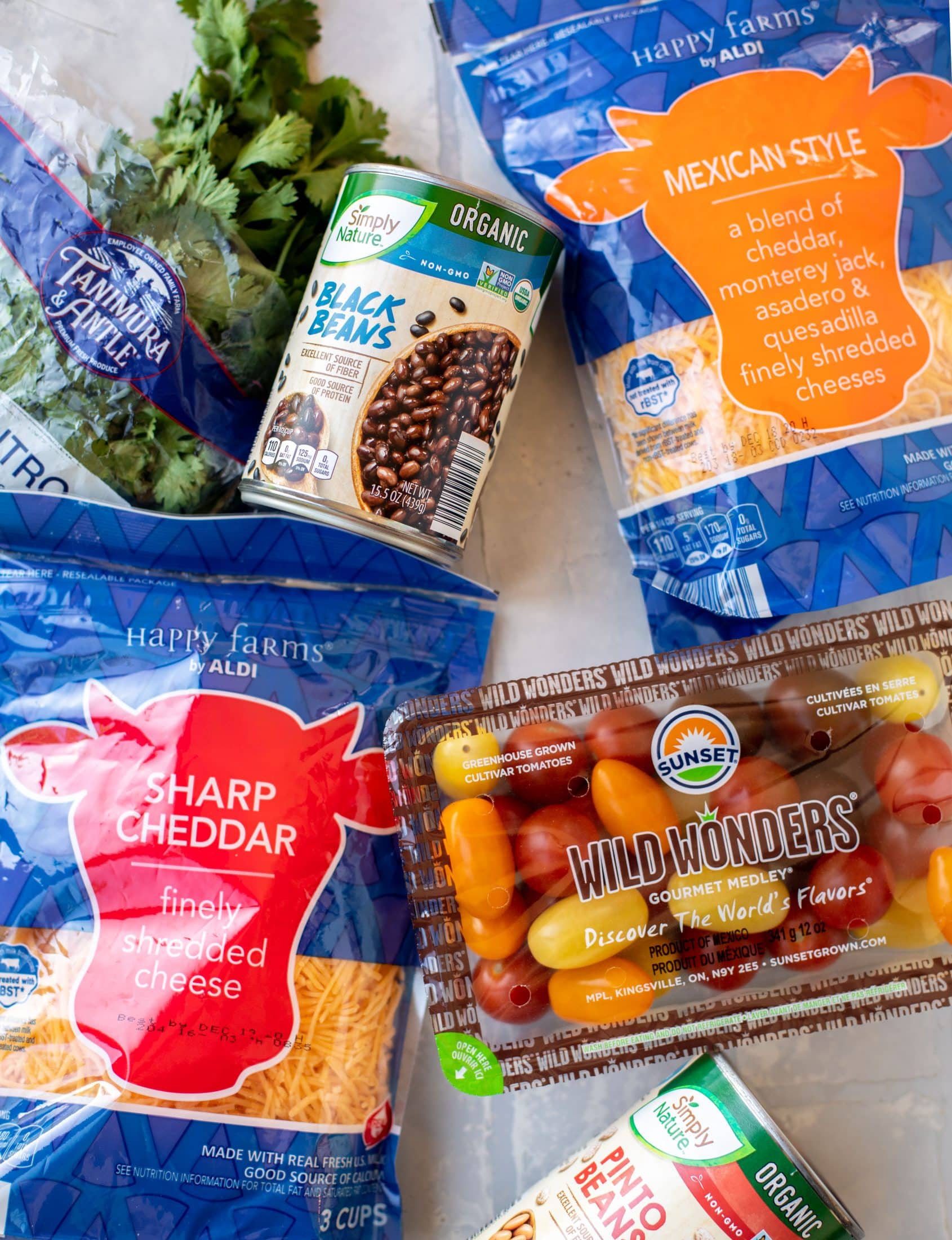 beans, cheese and produce from ALDI