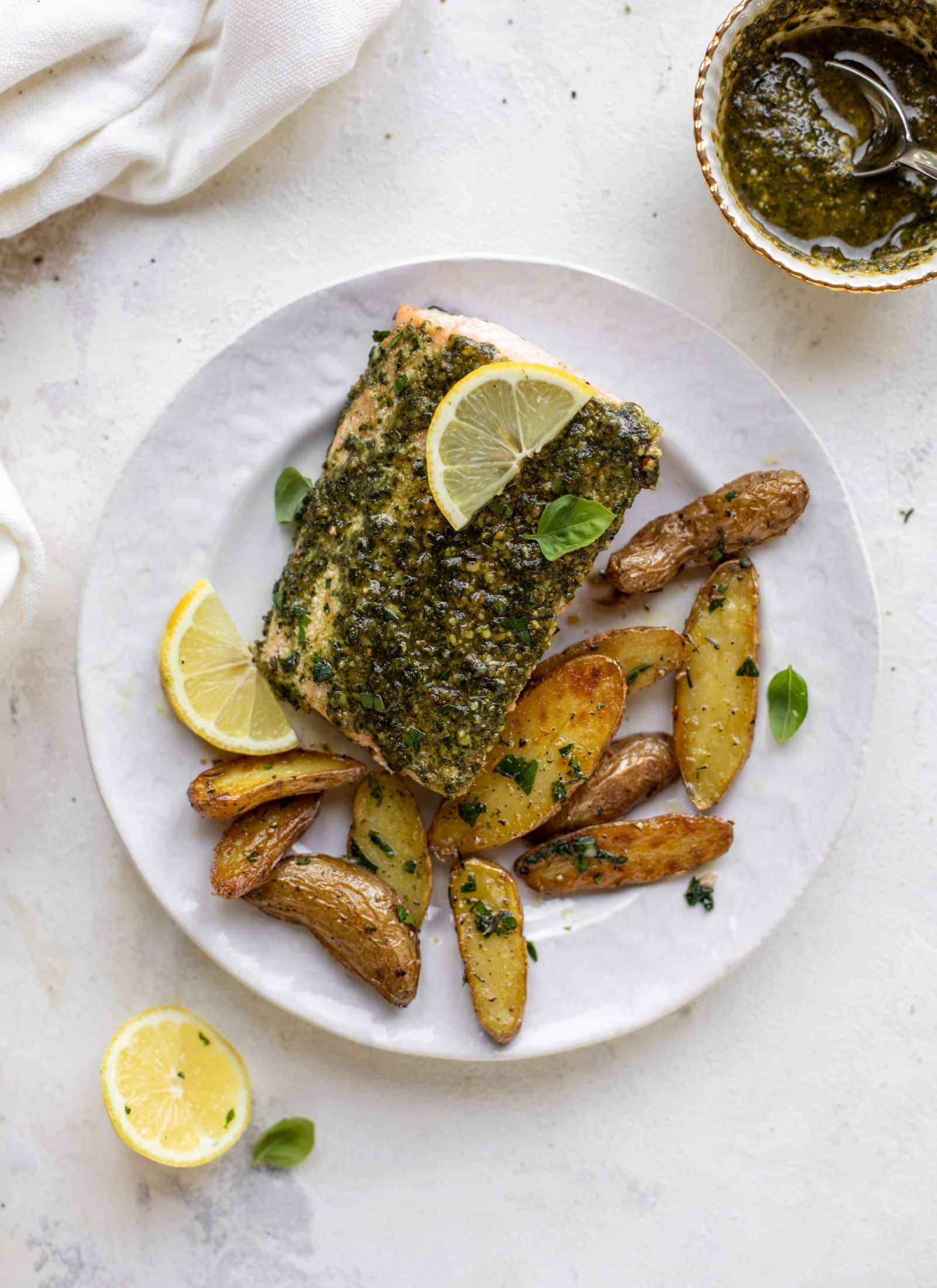 sheet pan pesto salmon with lemon thyme potatoes