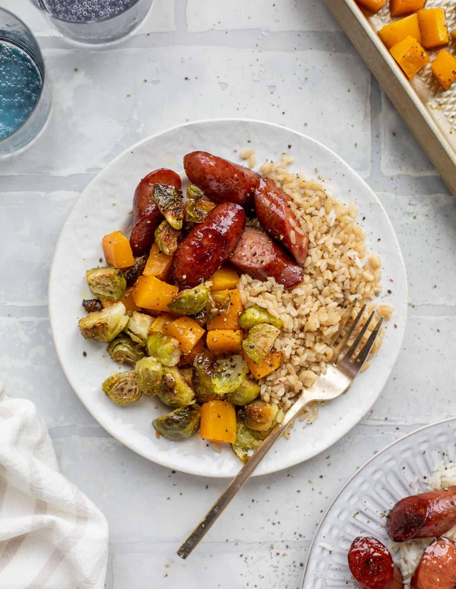 maple sheet pan smoked turkey sausage with butternut squash and brussels sprouts