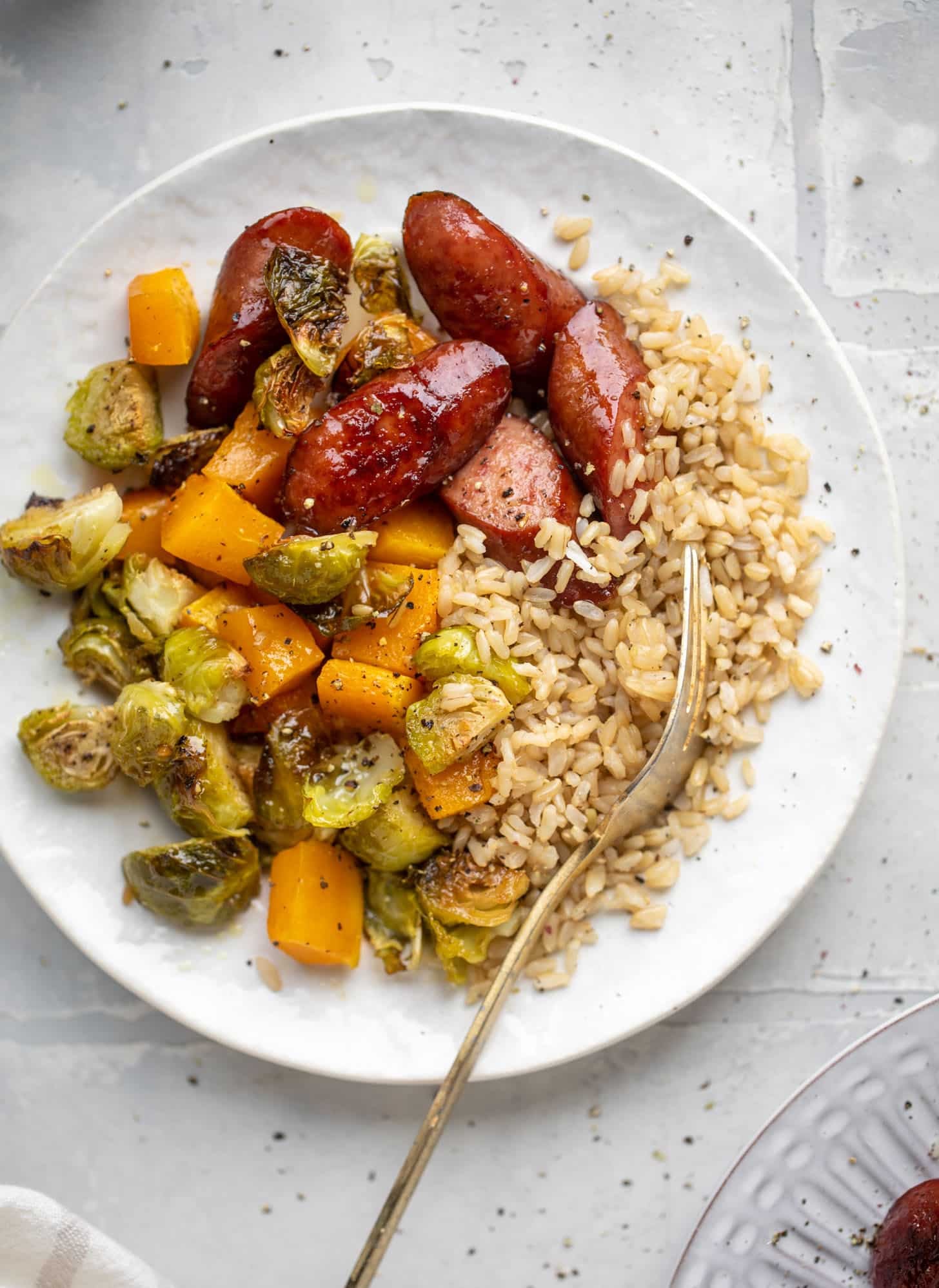 maple sheet pan smoked turkey sausage with butternut squash and brussels sprouts