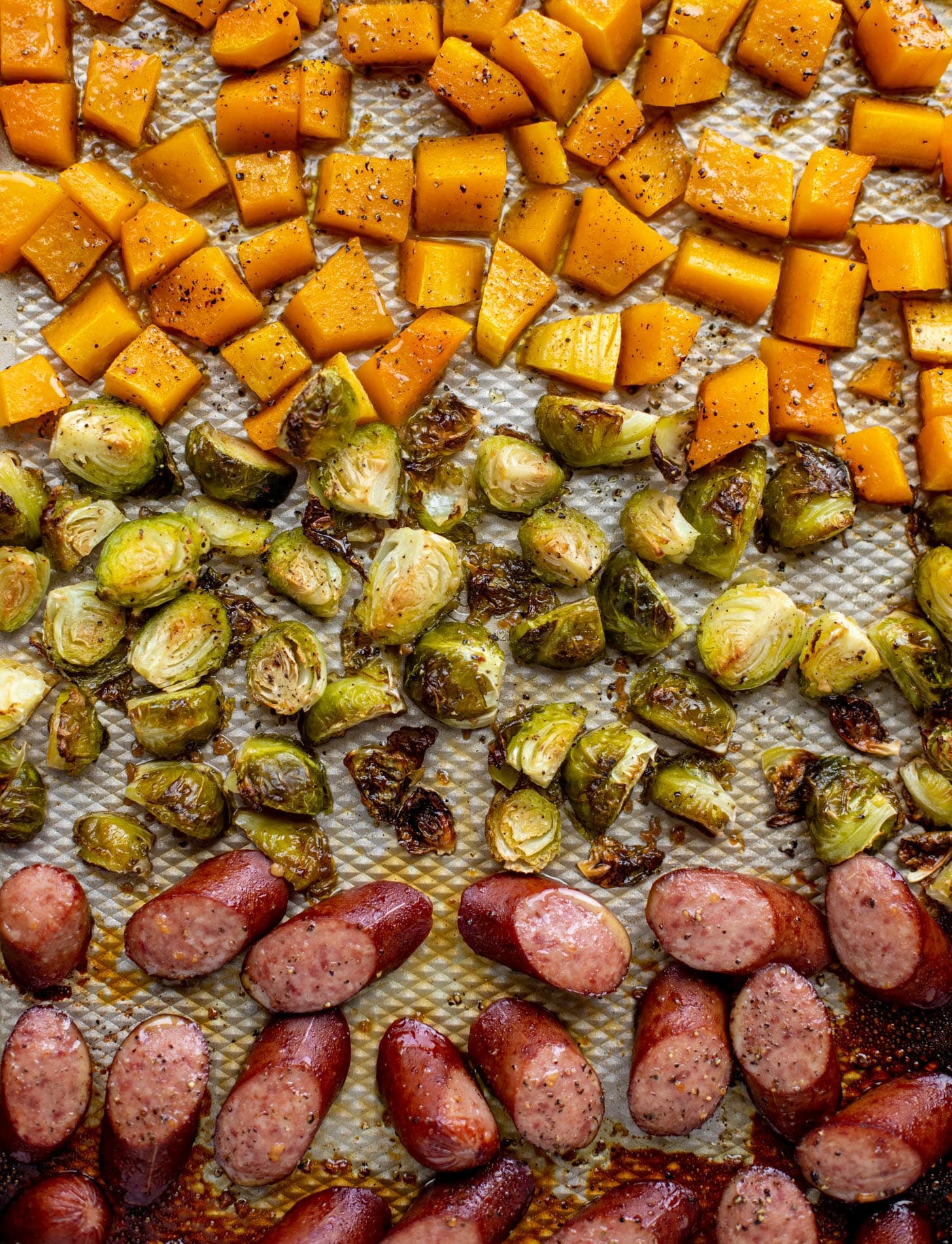 maple sheet pan smoked turkey sausage with butternut squash and brussels sprouts