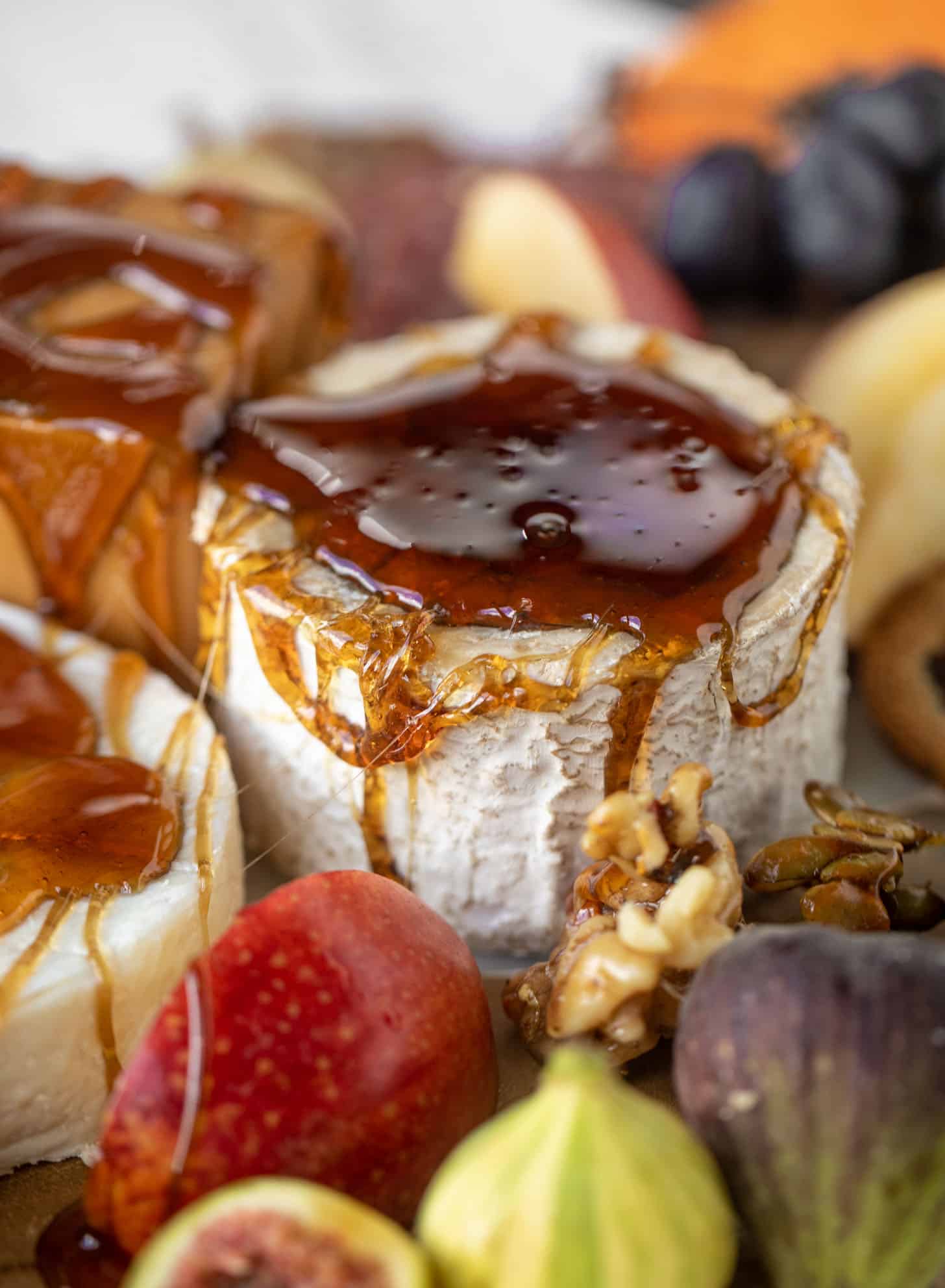 autumn cheese board with bourbon crackling caramel and honey roasted pepitas