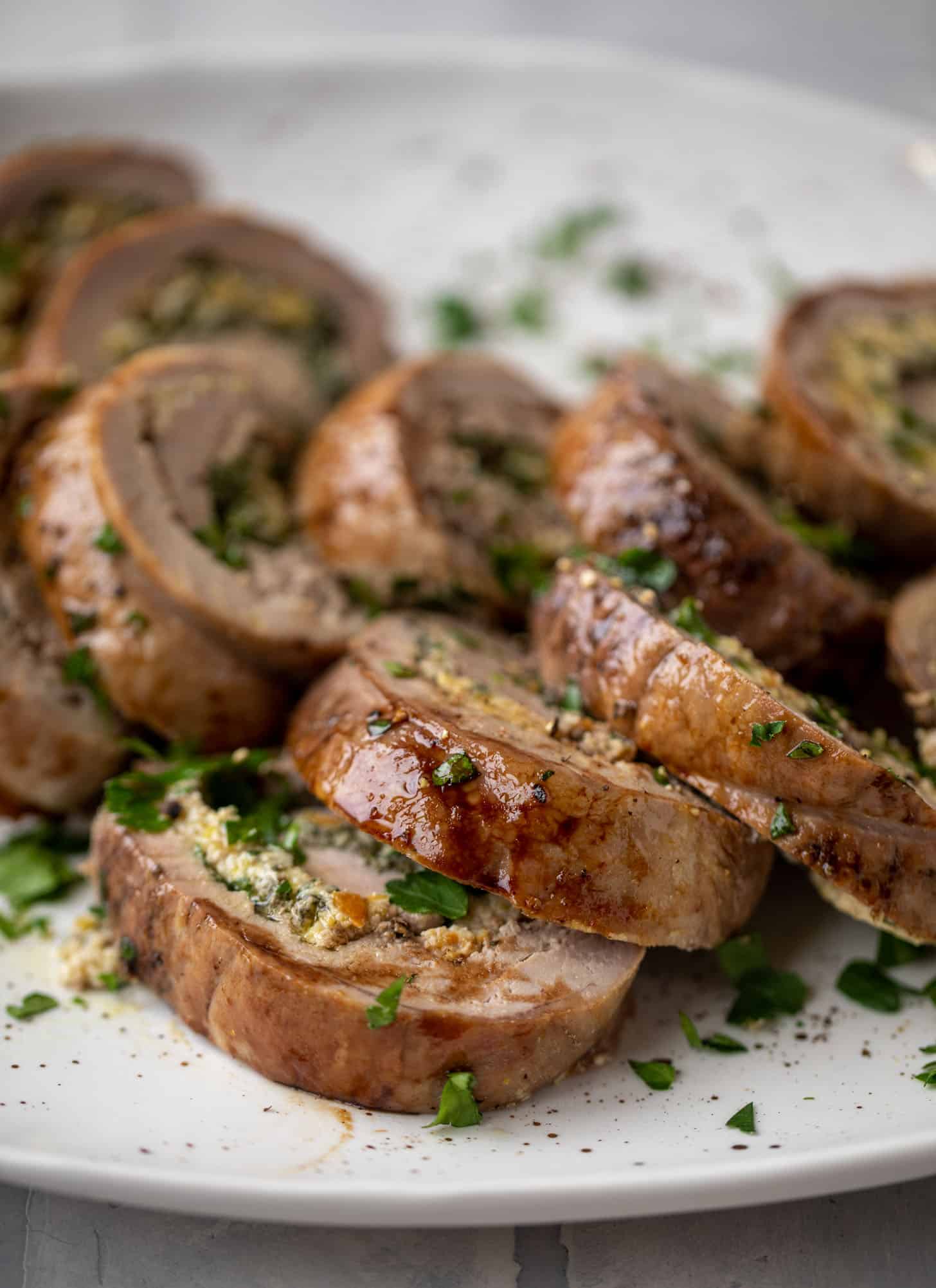 parmesan pistachio stuffed pork tenderloin with brussels sprouts