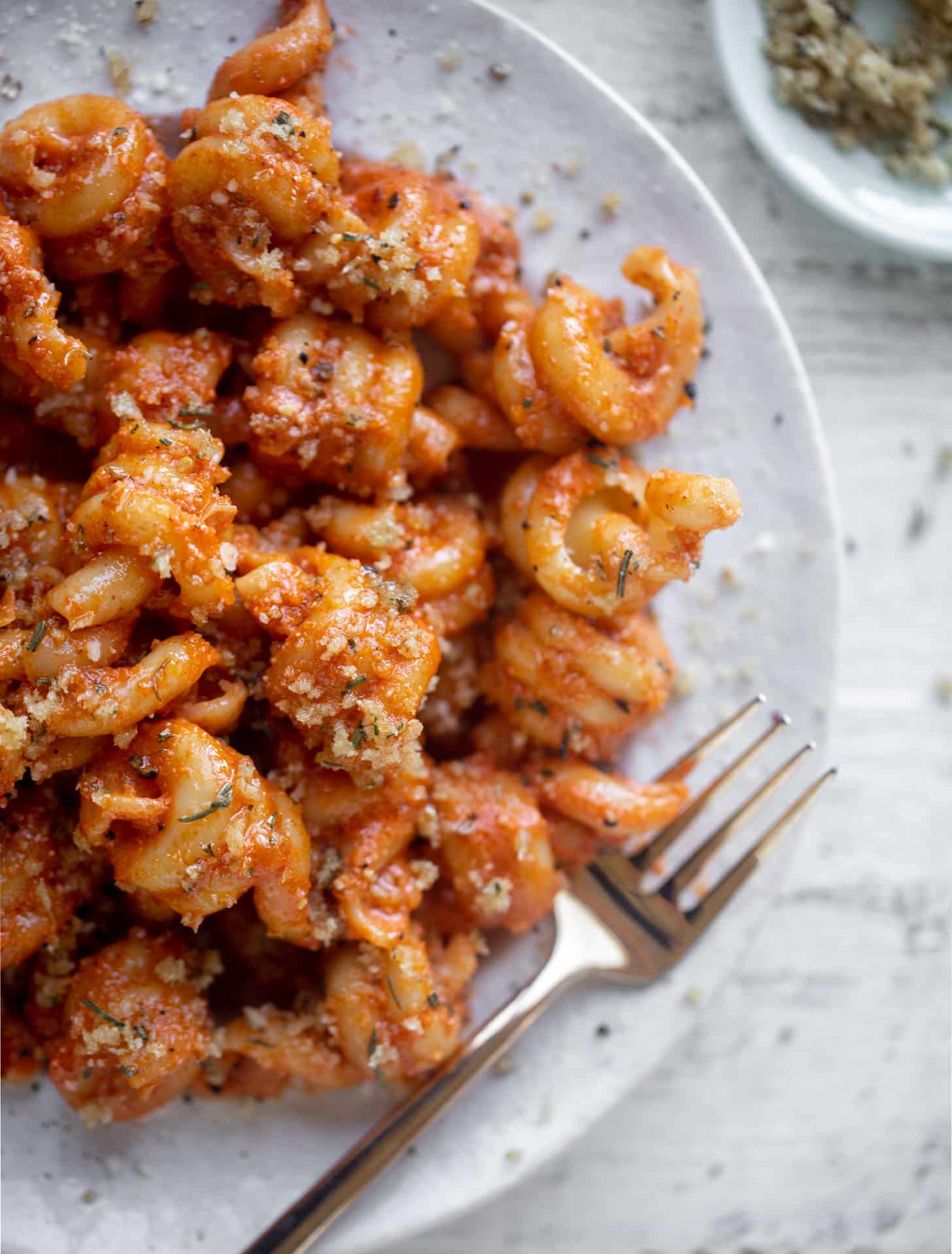 creamy vodka sauce pasta with rosemary toasted breadcrumbs