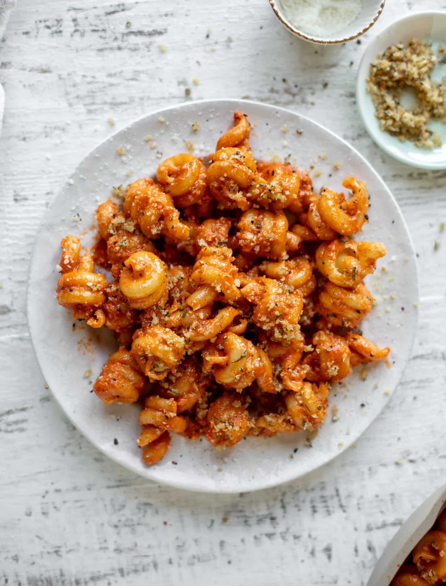 creamy vodka sauce pasta with rosemary toasted breadcrumbs