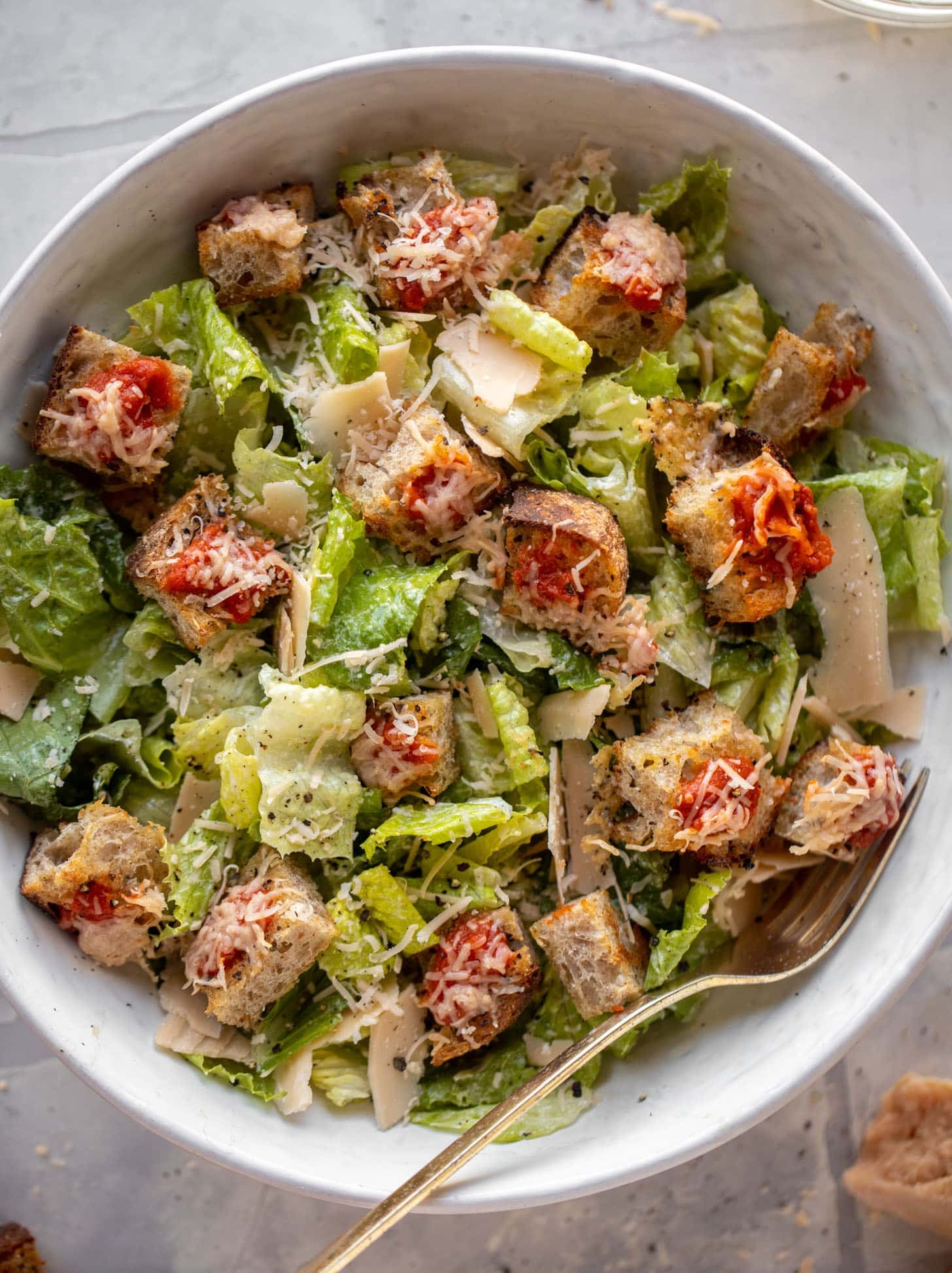 caesar salad with pizza croutons