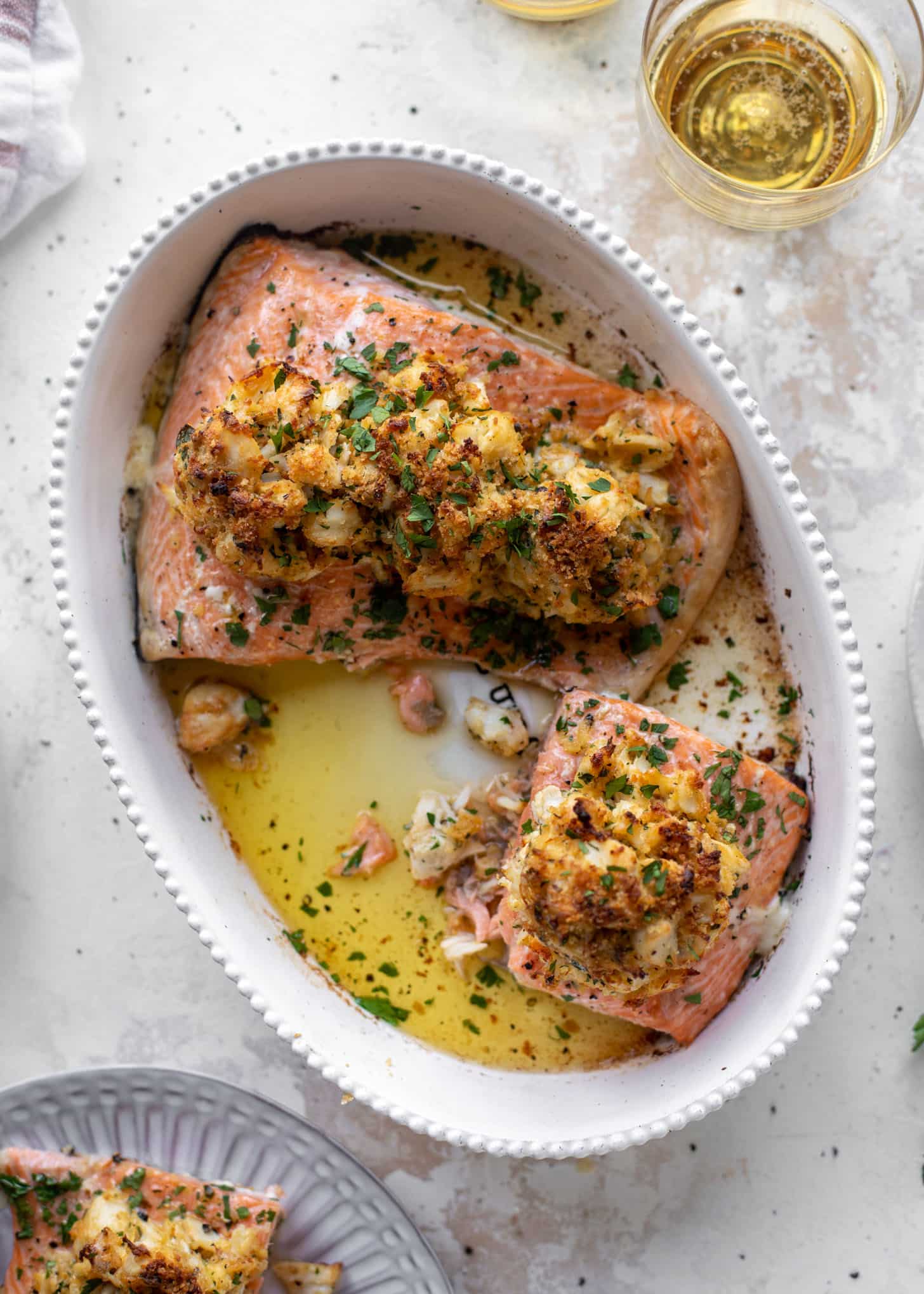 crab topped salmon with parmesan roasted broccoli