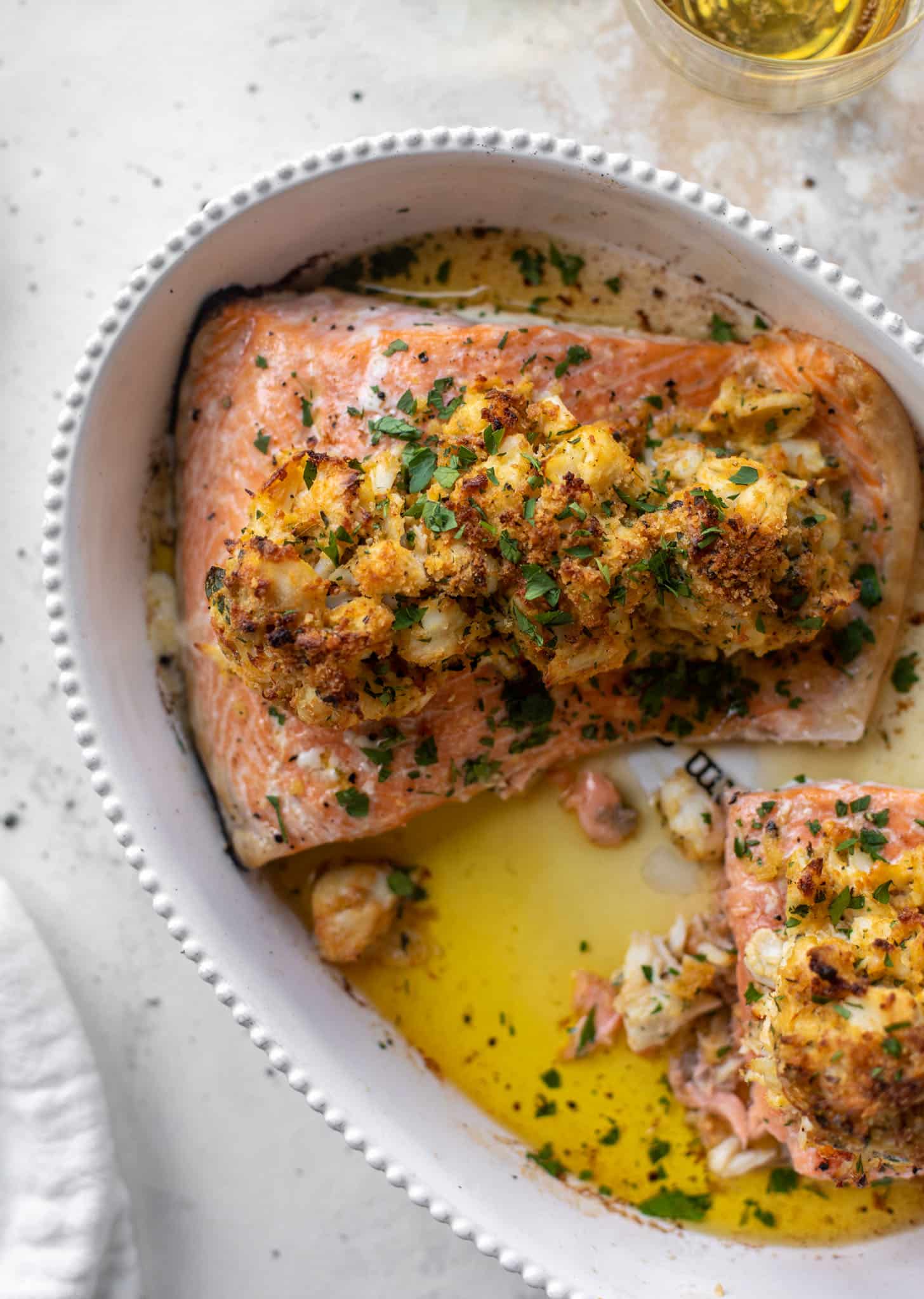crab topped salmon with parmesan roasted broccoli
