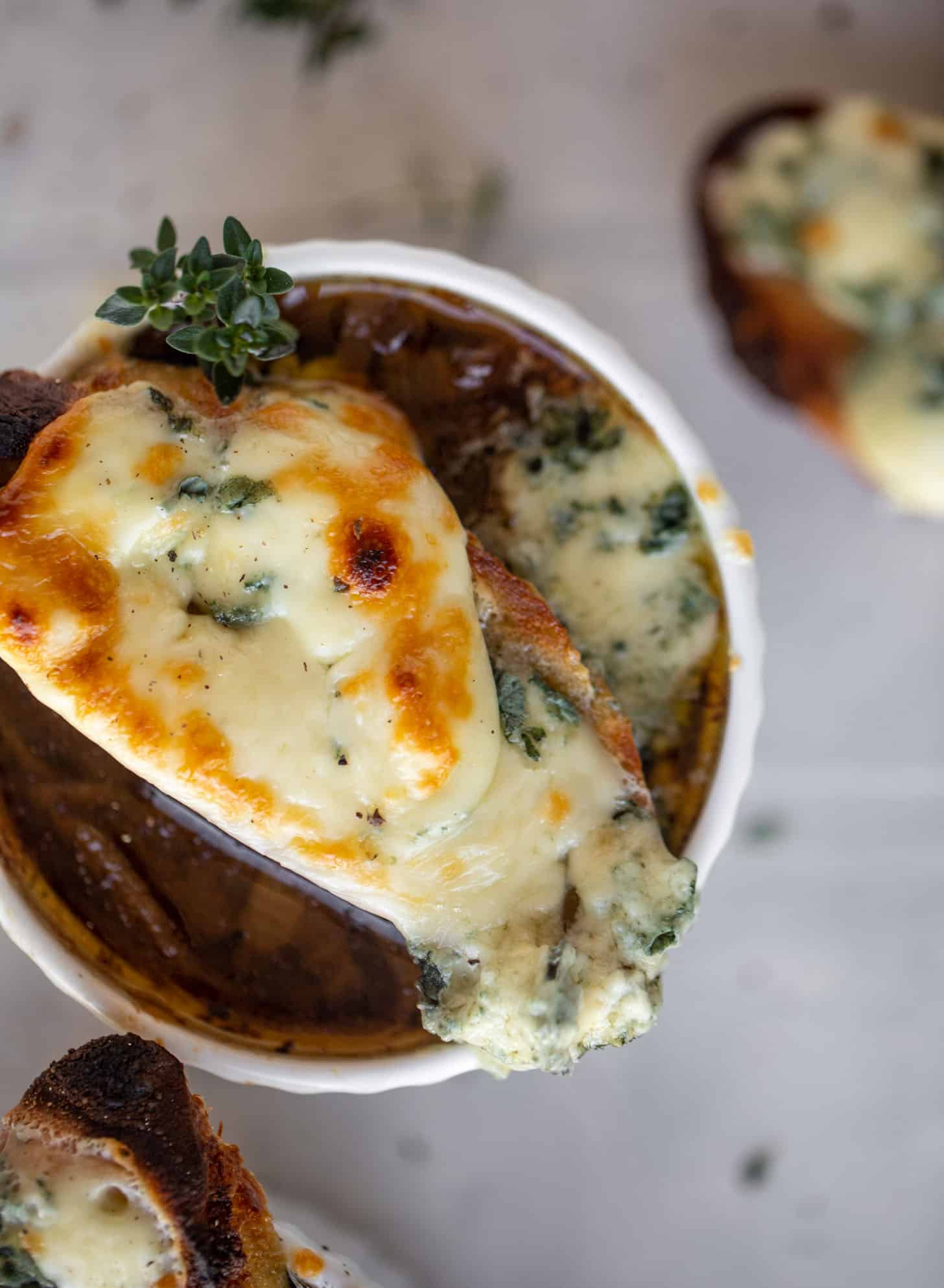 french onion soup with brûléed blue cheese