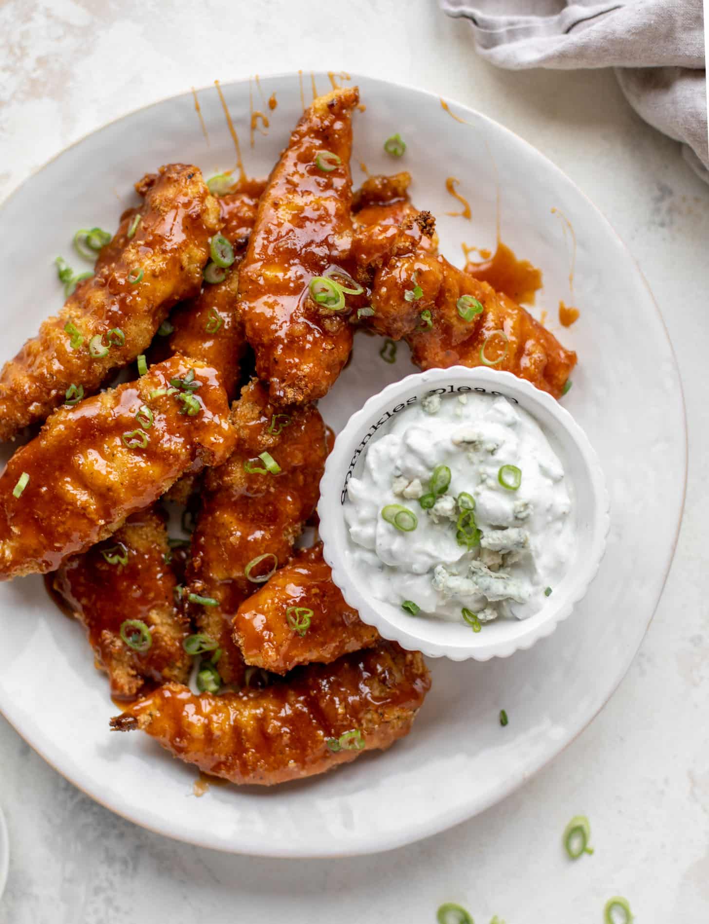 sticky chicken fingers with yogurt blue cheese sauce
