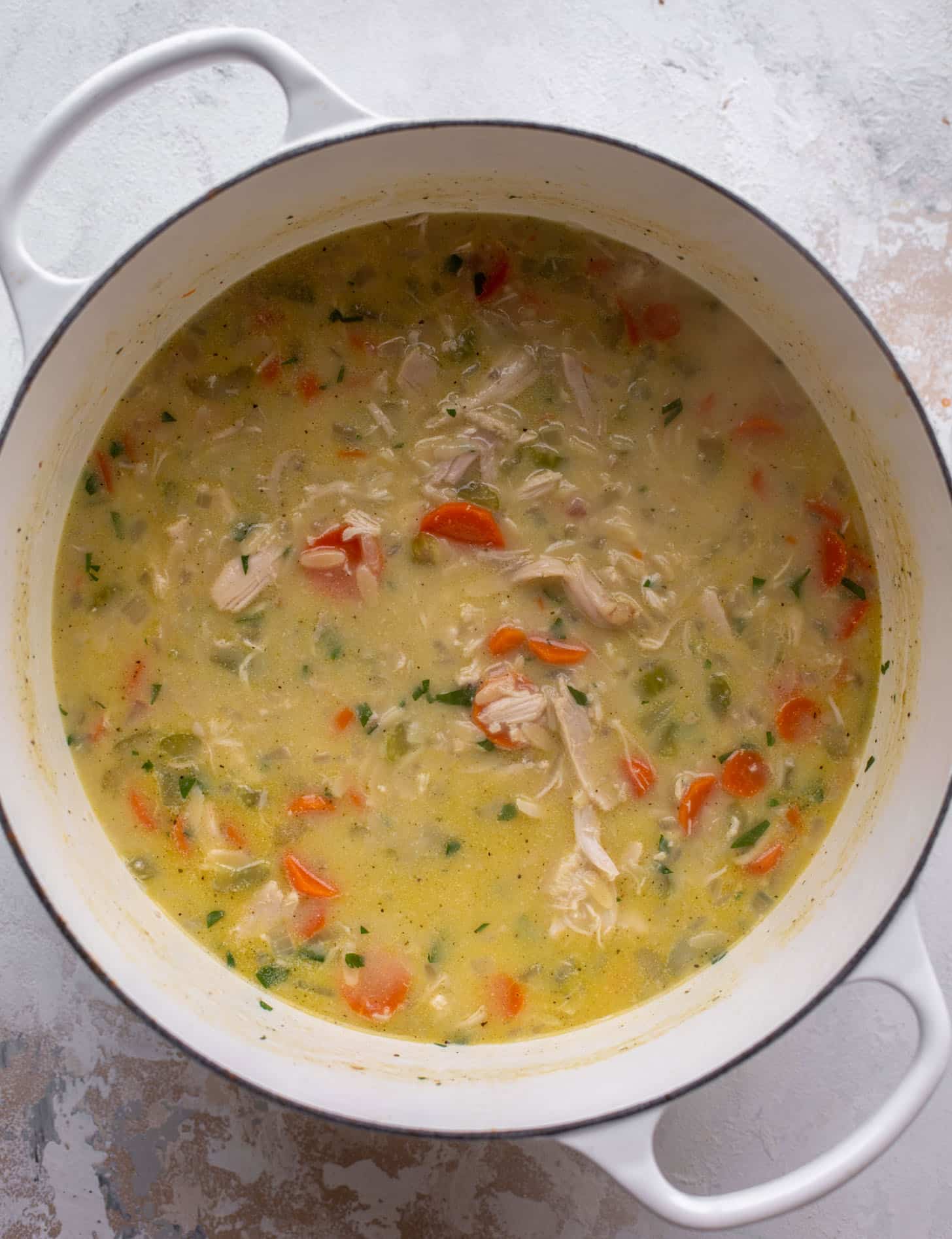 pot of chicken orzo soup