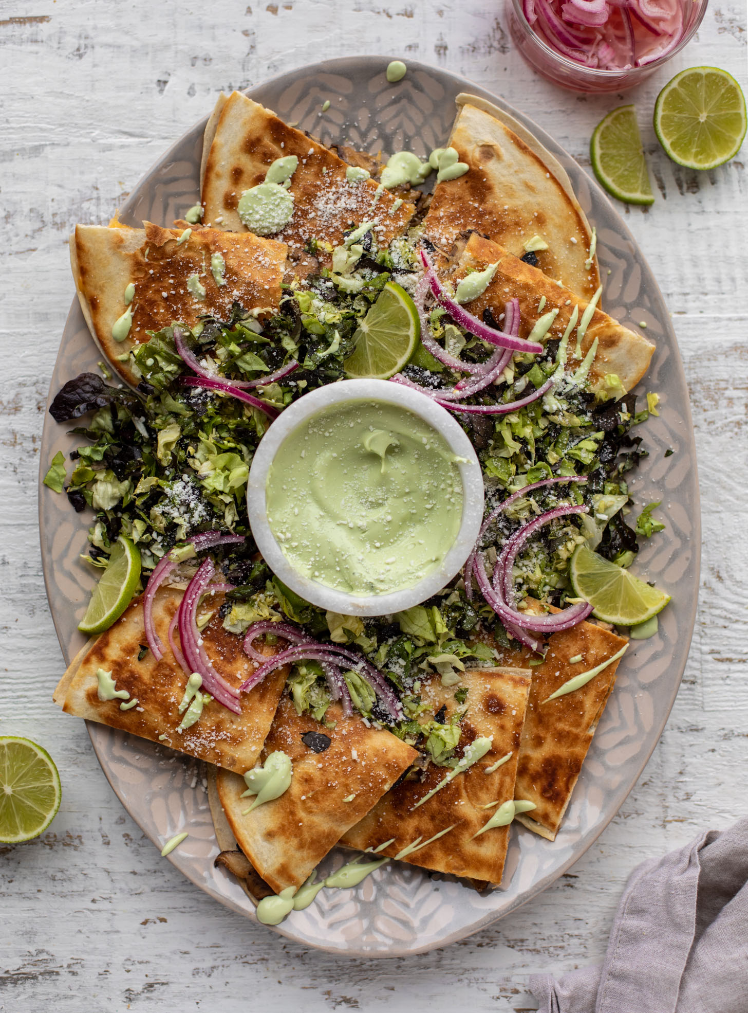 smoky shiitake mushroom quesadillas with avocado cream