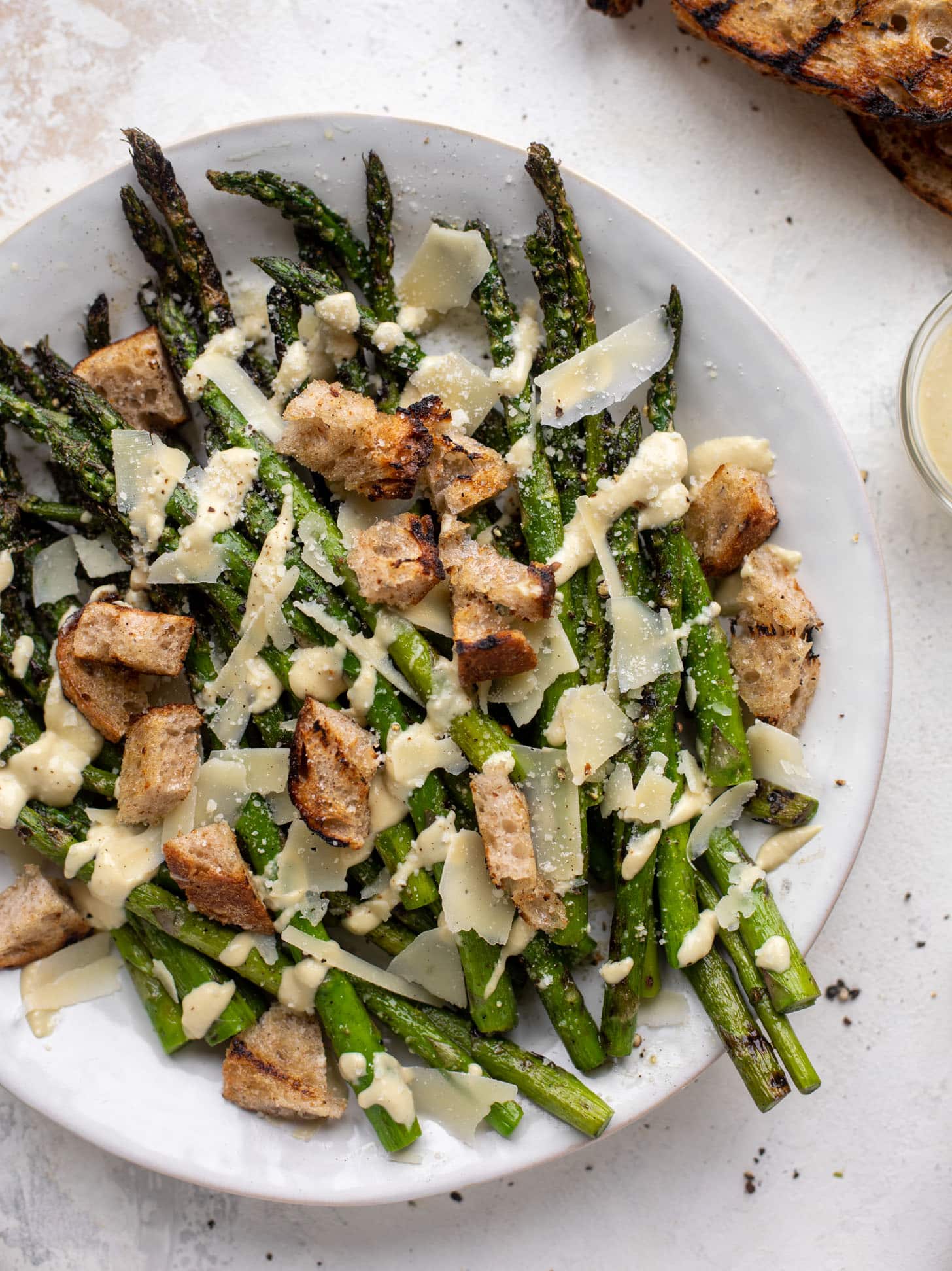 grilled asparagus caesar with sourdough croutons