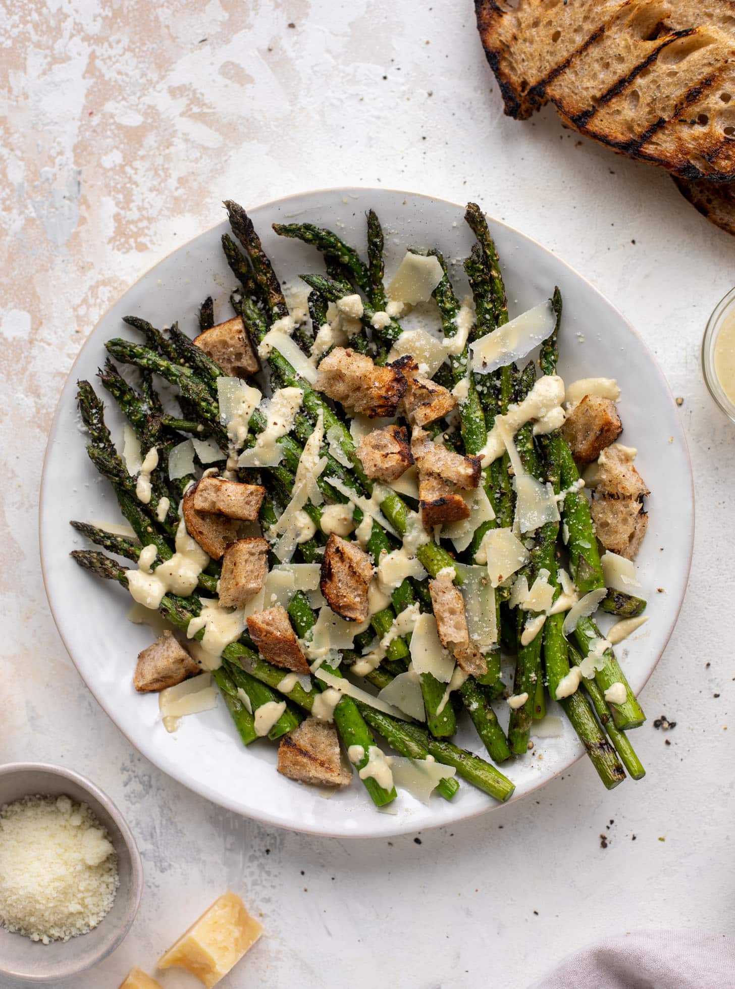 grilled asparagus caesar with sourdough croutons