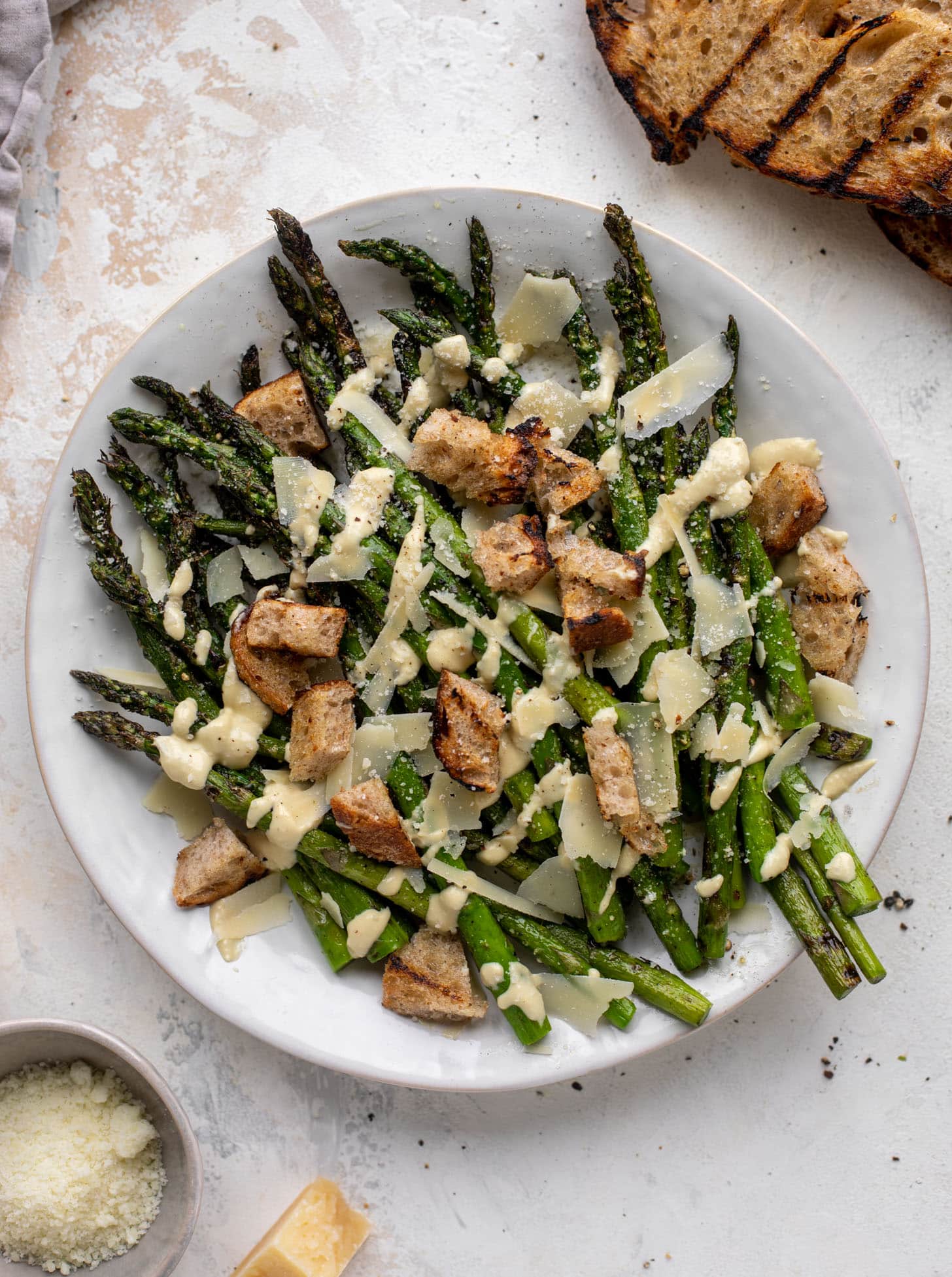 grilled asparagus caesar with sourdough croutons