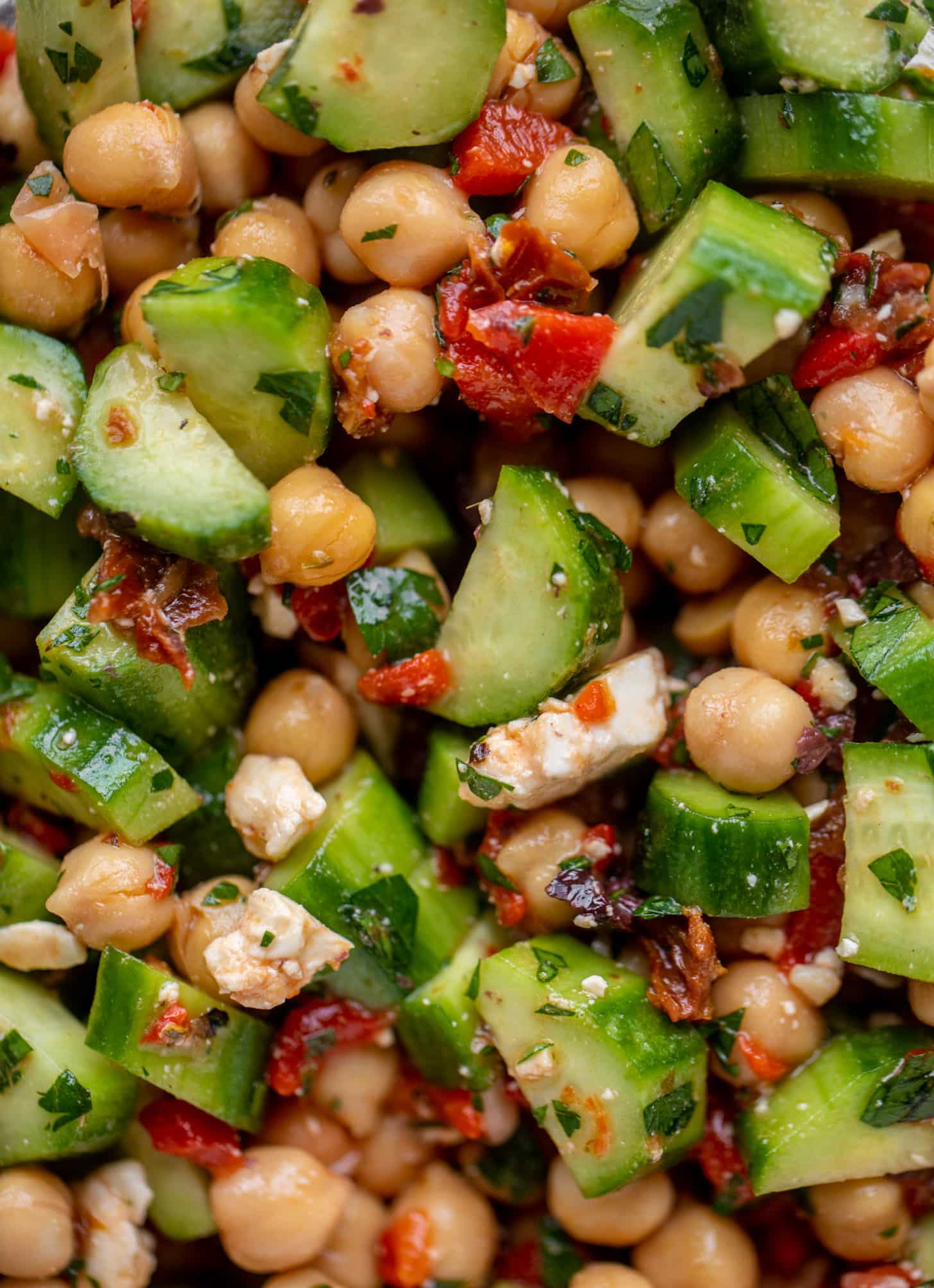 make ahead marinated mediterranean chickpeas with cucumbers and herbs