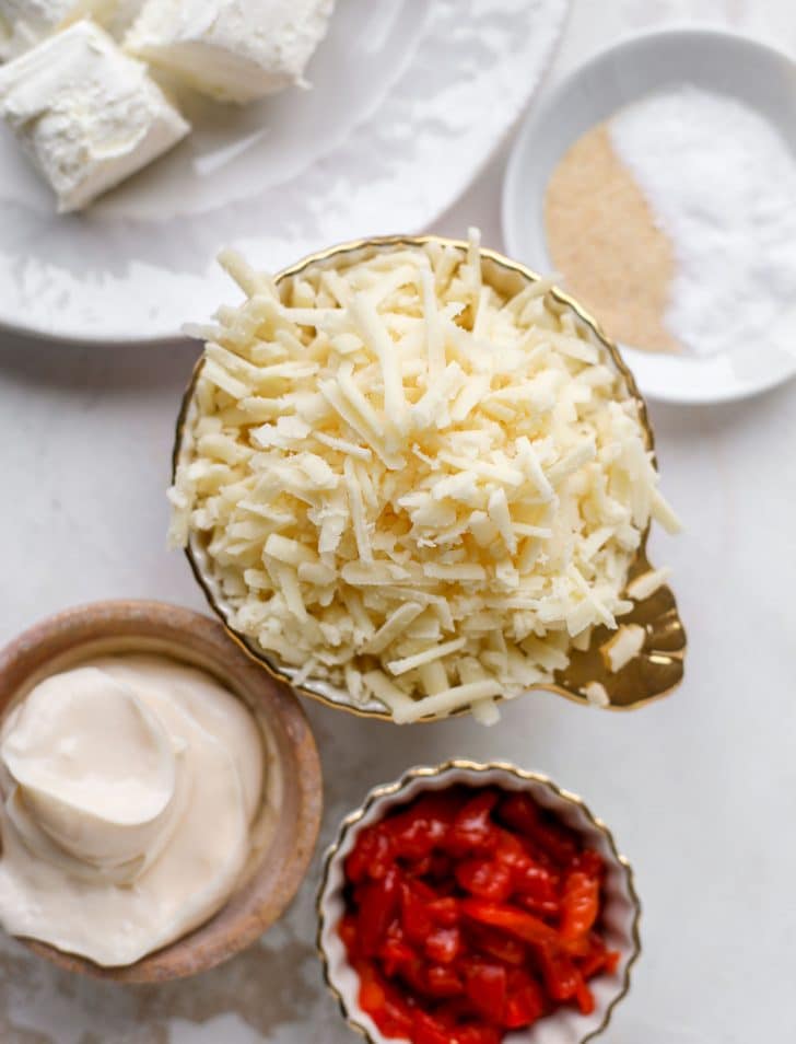 cream cheese, cheddar, mayo, pimentos, spices