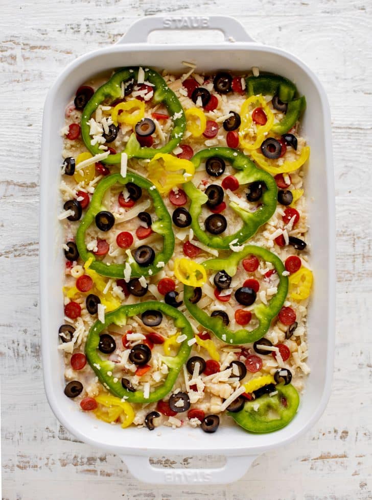 white pizza supreme mac and cheese before baking