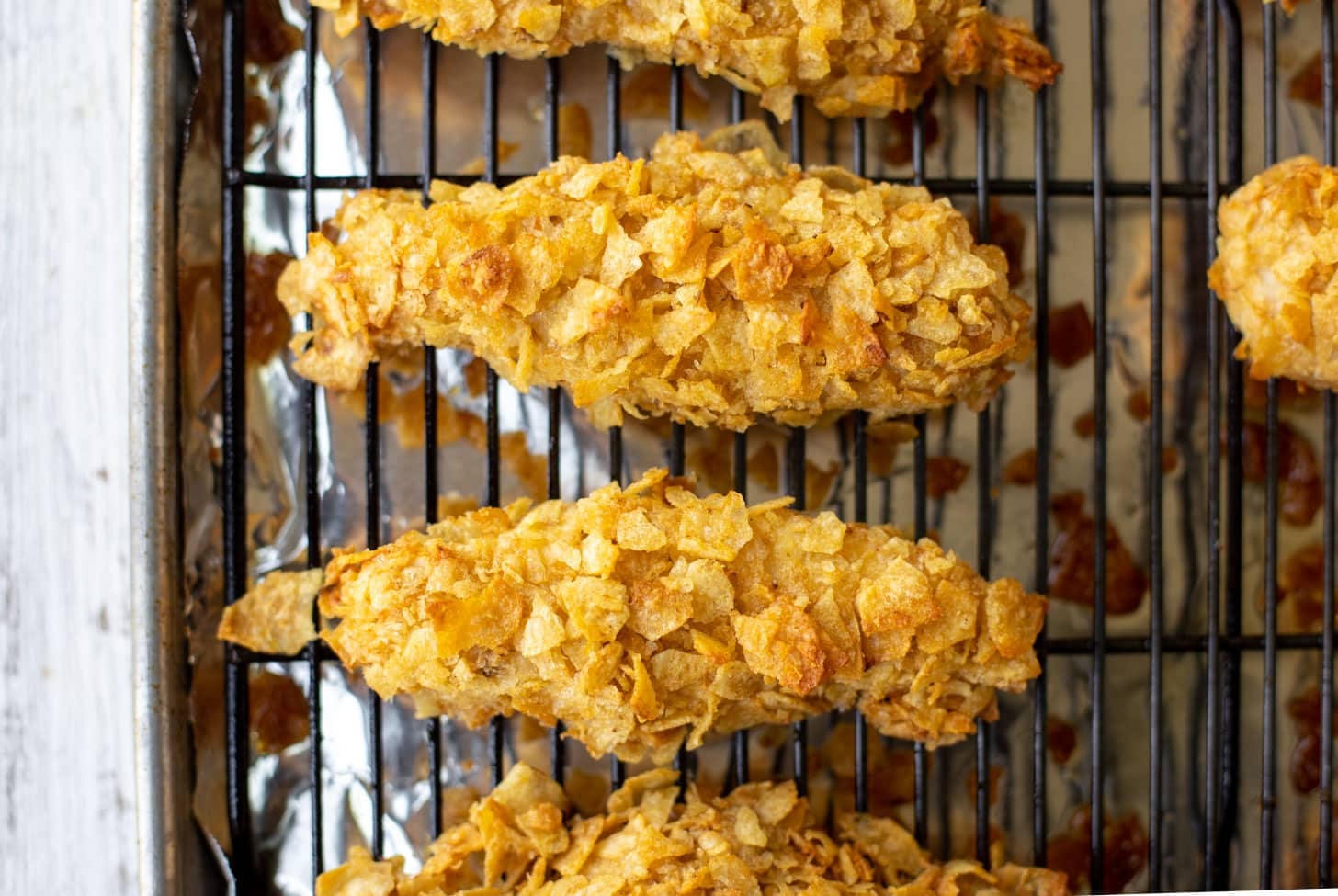 potato chip crusted chicken fingers right after baking