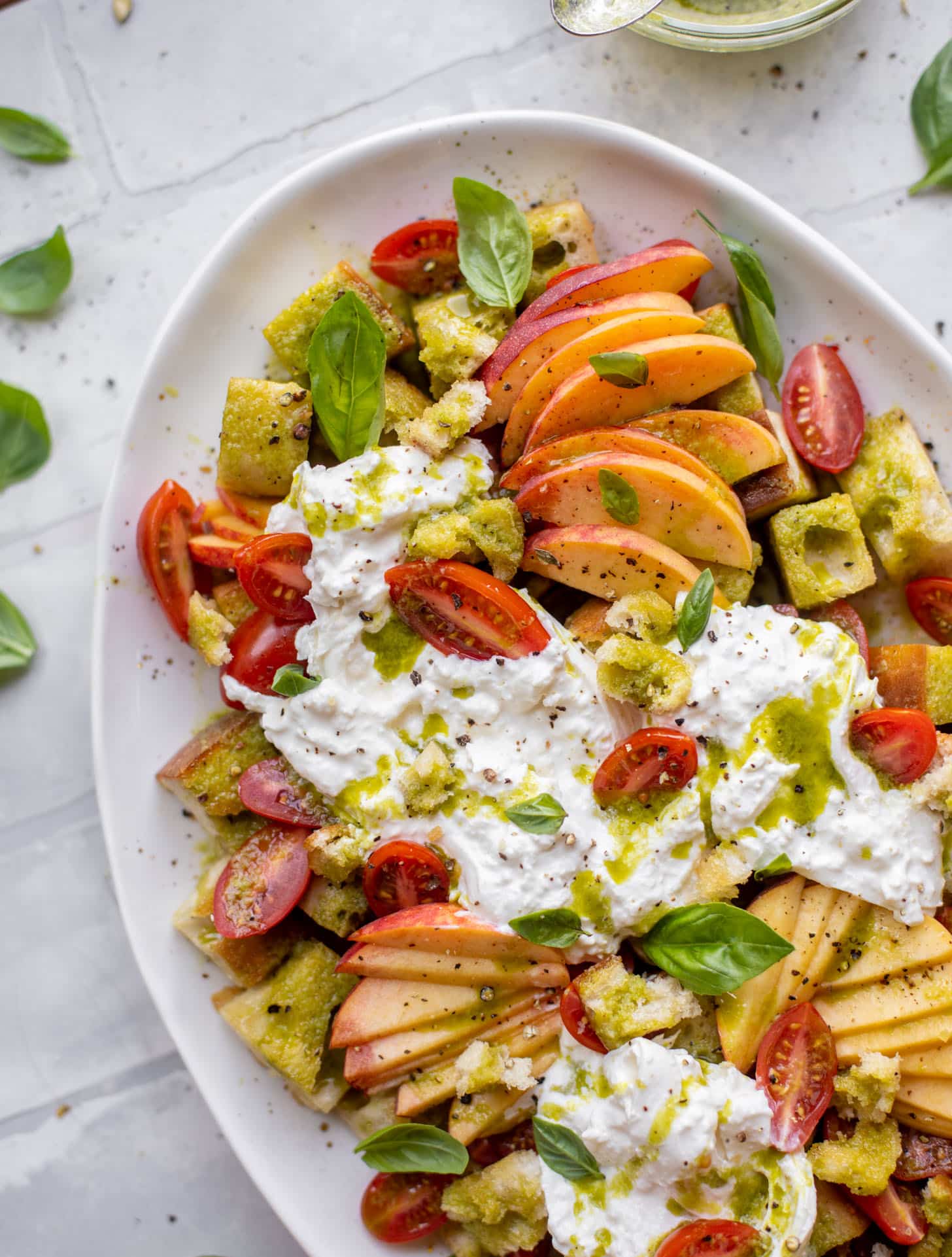 burrata basil and peach panzanella