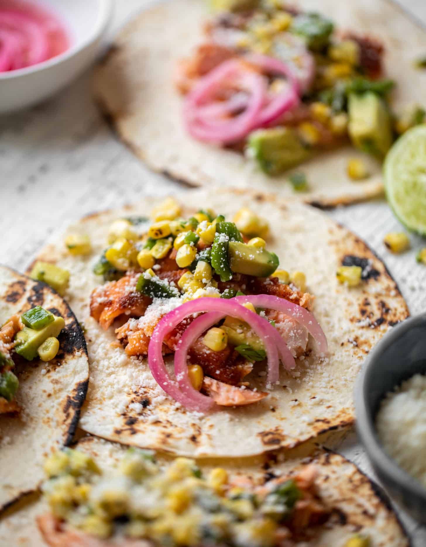 summer salmon tacos with grilled corn poblano salsa