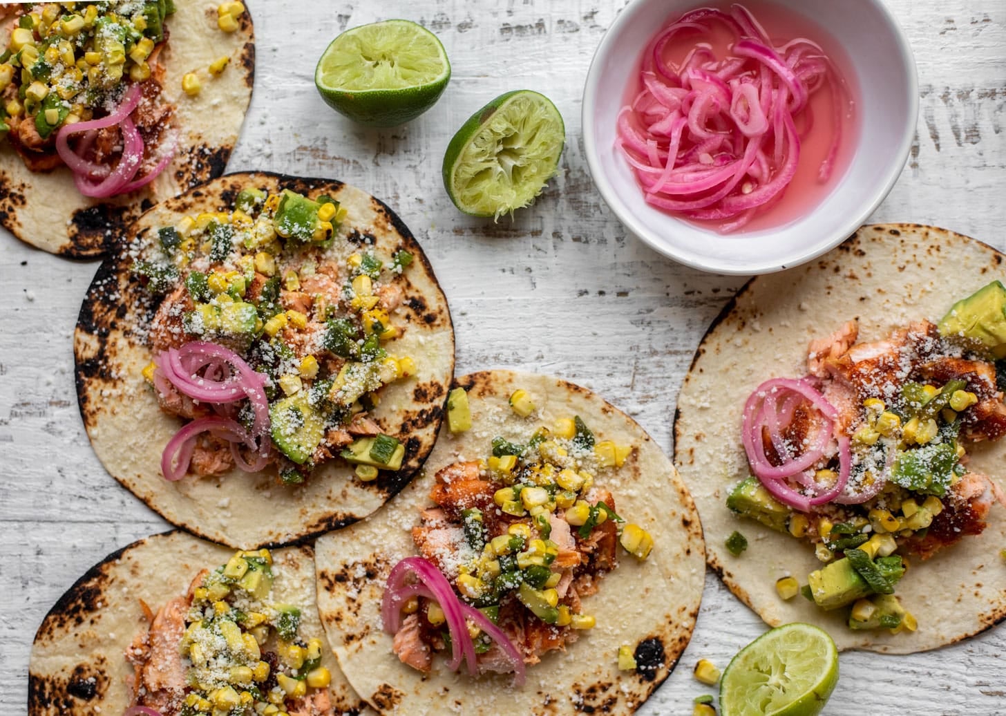 summer salmon tacos with grilled corn poblano salsa