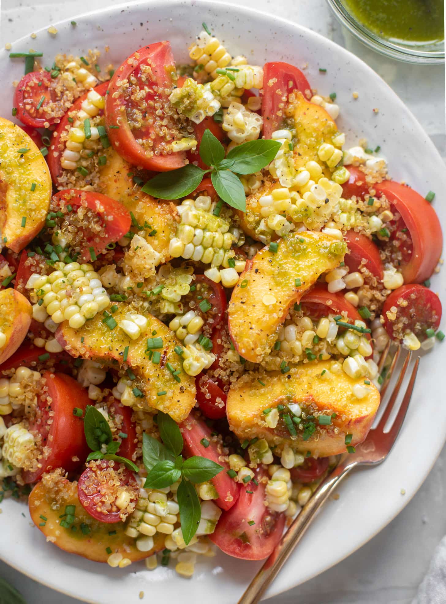 sweet corn, peach and tomato salad
