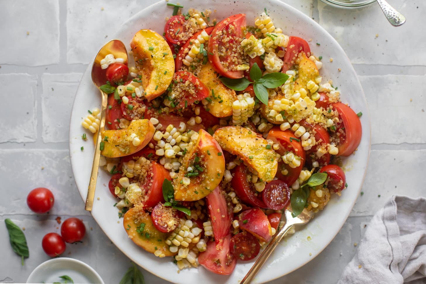 sweet corn, peach and tomato salad