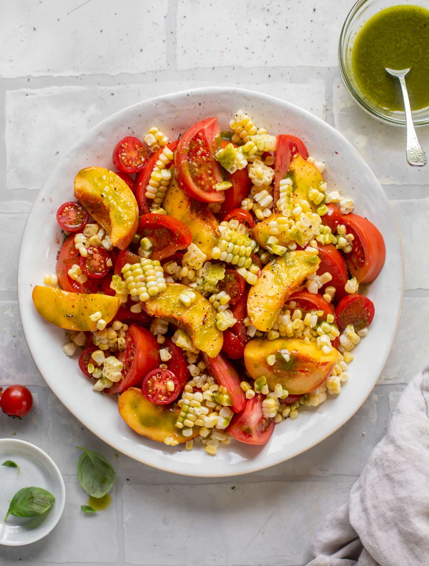 sweet corn, peach and tomato salad