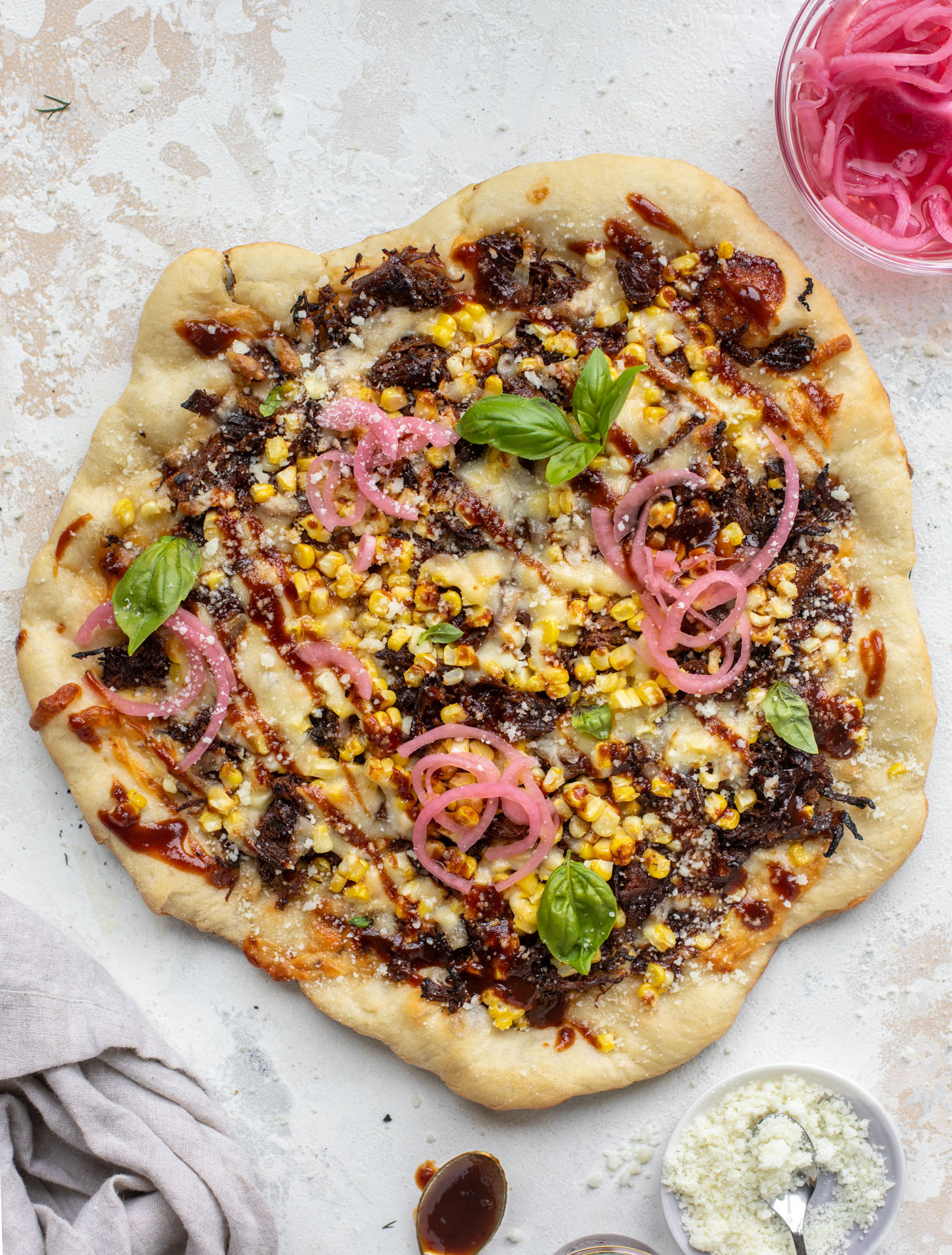 BBQ pulled pork & sweet corn pizza