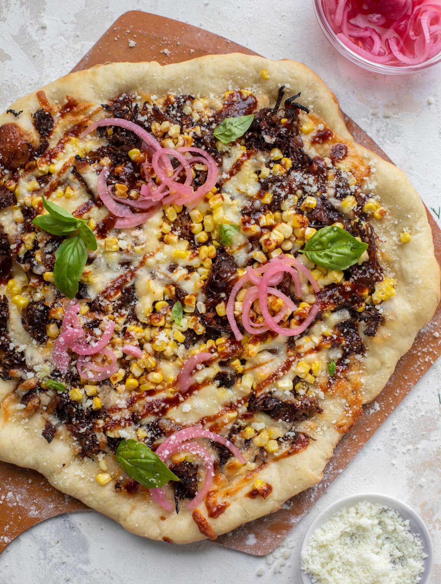 BBQ pulled pork & sweet corn pizza