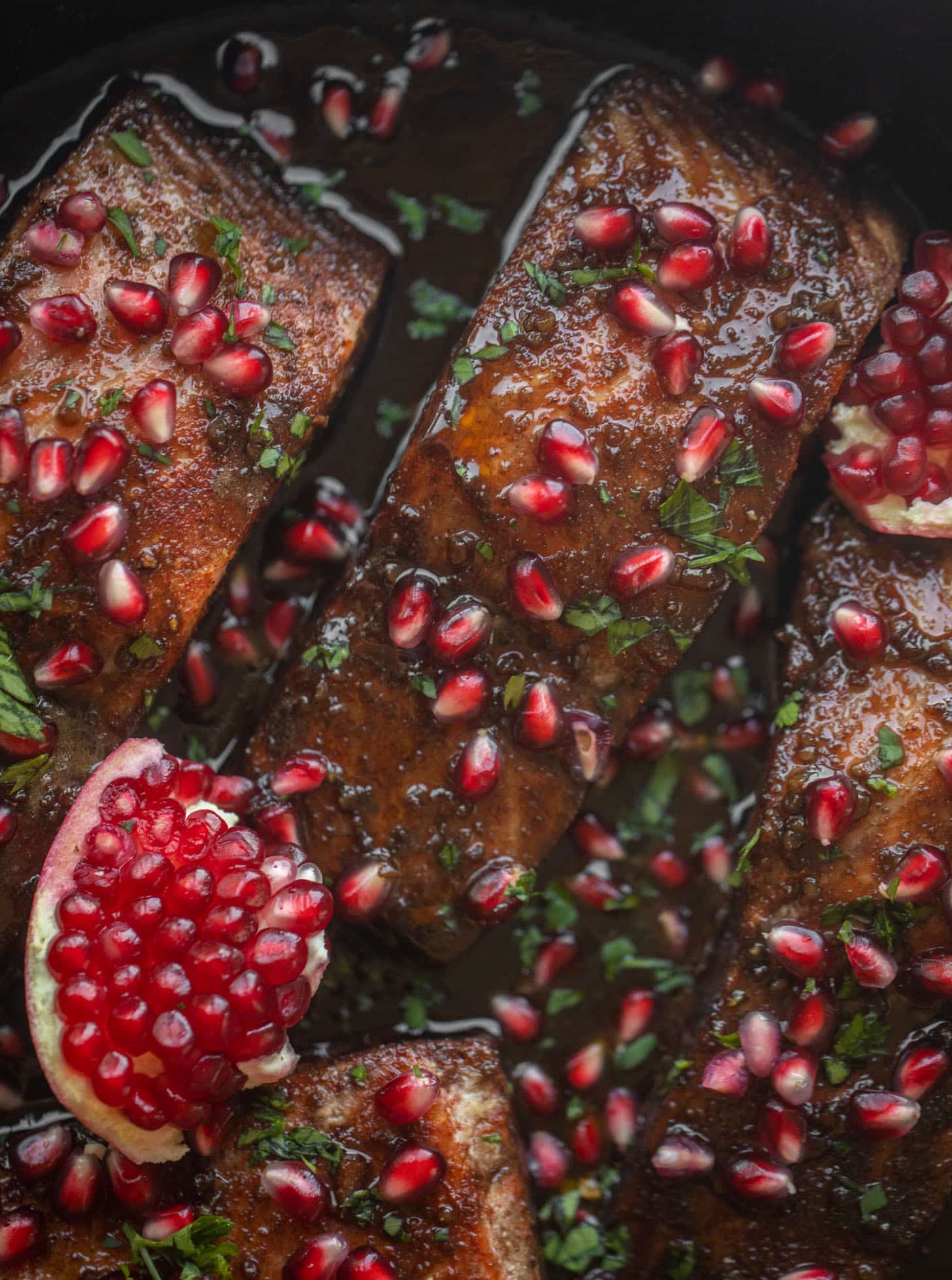 sticky pomegranate salmon skillet
