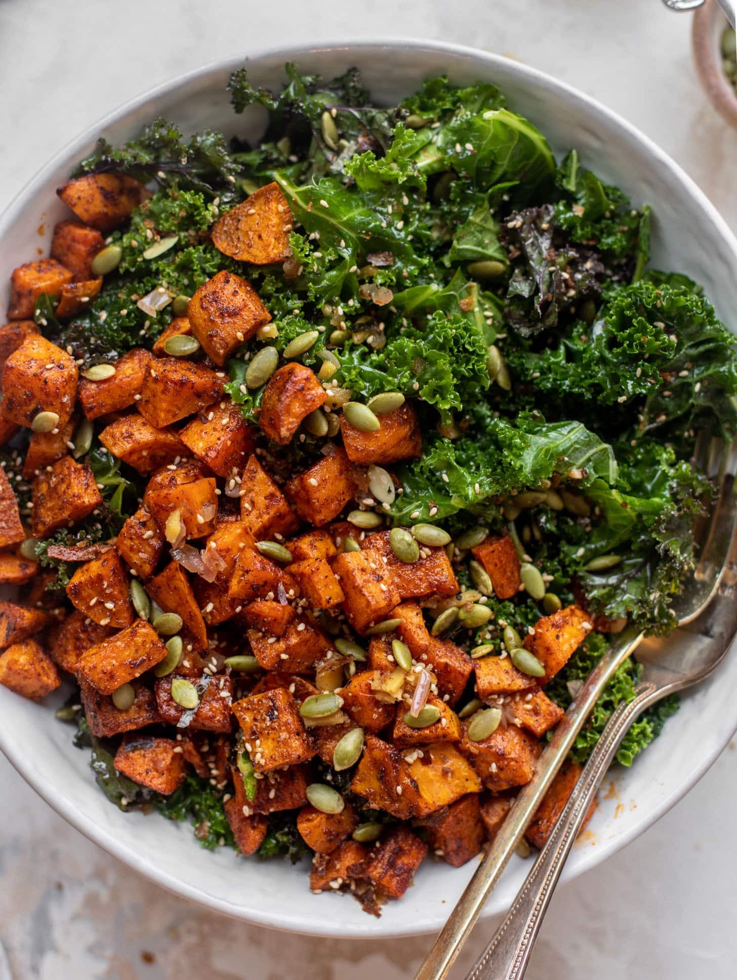 smoky sweet potato kale salad with hot ginger dressing