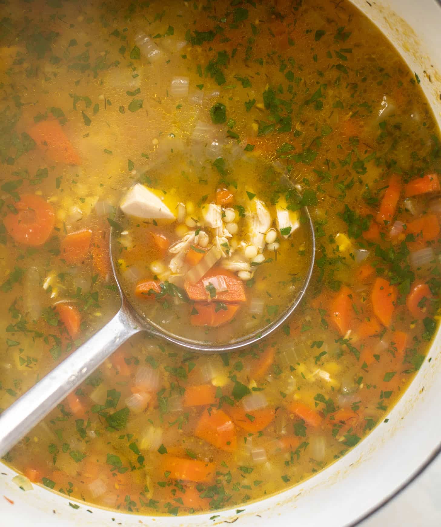 ladle of chicken noodle soup