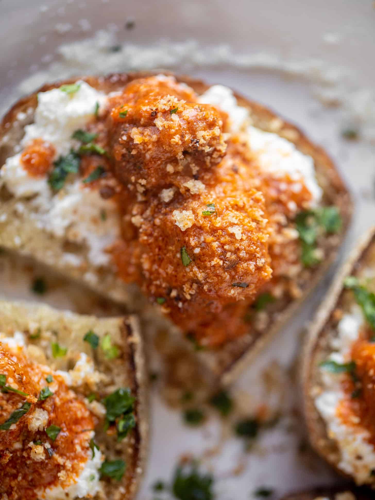 vodka sauce meatballs on ricotta toast