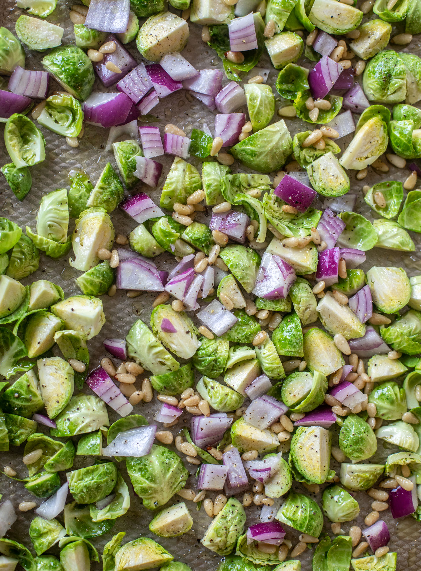 brussels sprouts, onions, pine nuts