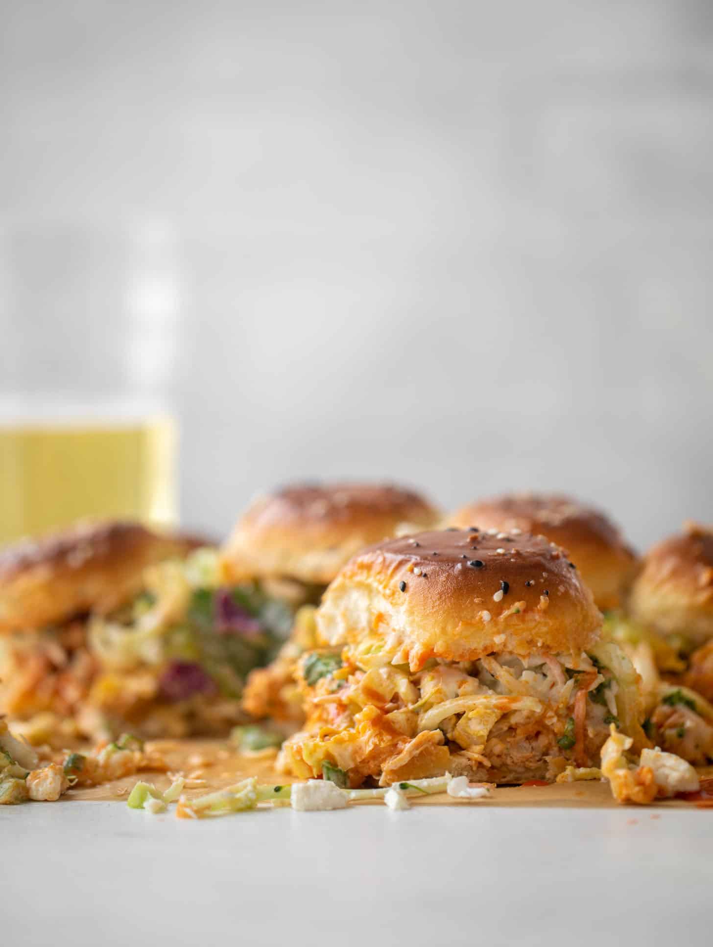 pull-apart buffalo chicken sliders with gorgonzola slaw