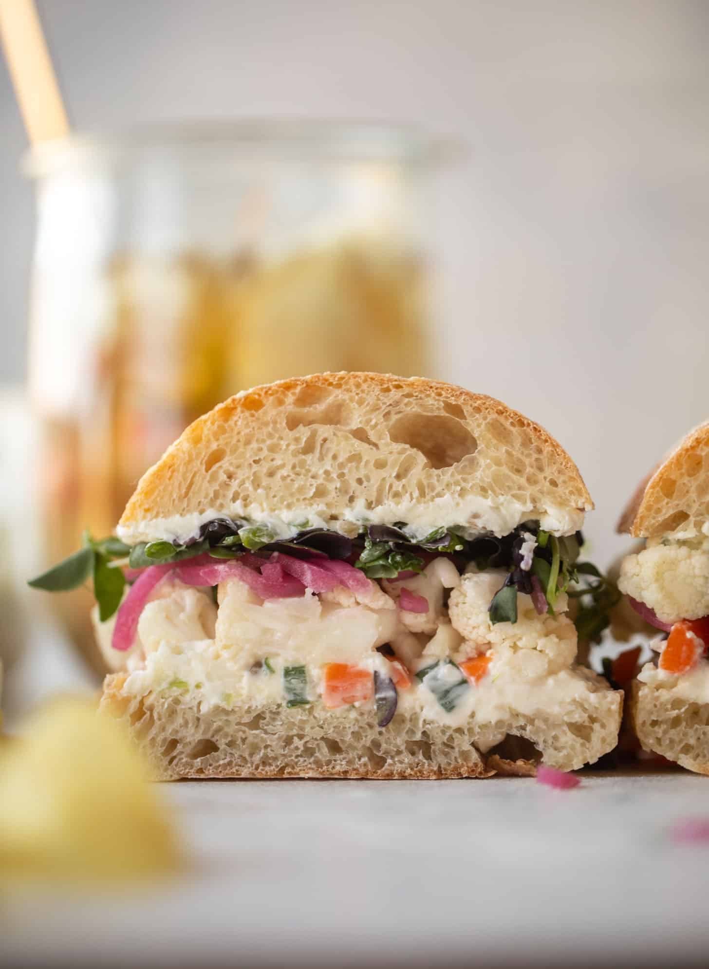 pickled veggie sandwich with scallion cream cheese