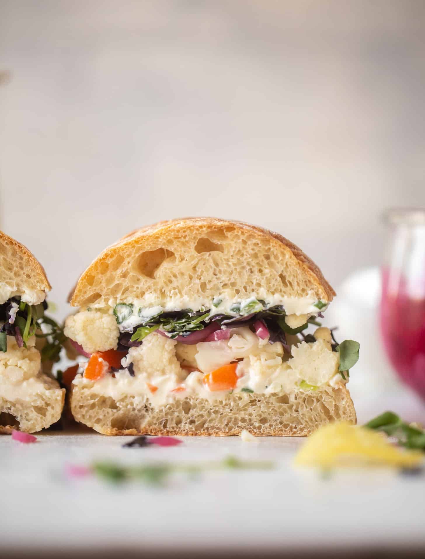 pickled veggie sandwich with scallion cream cheese