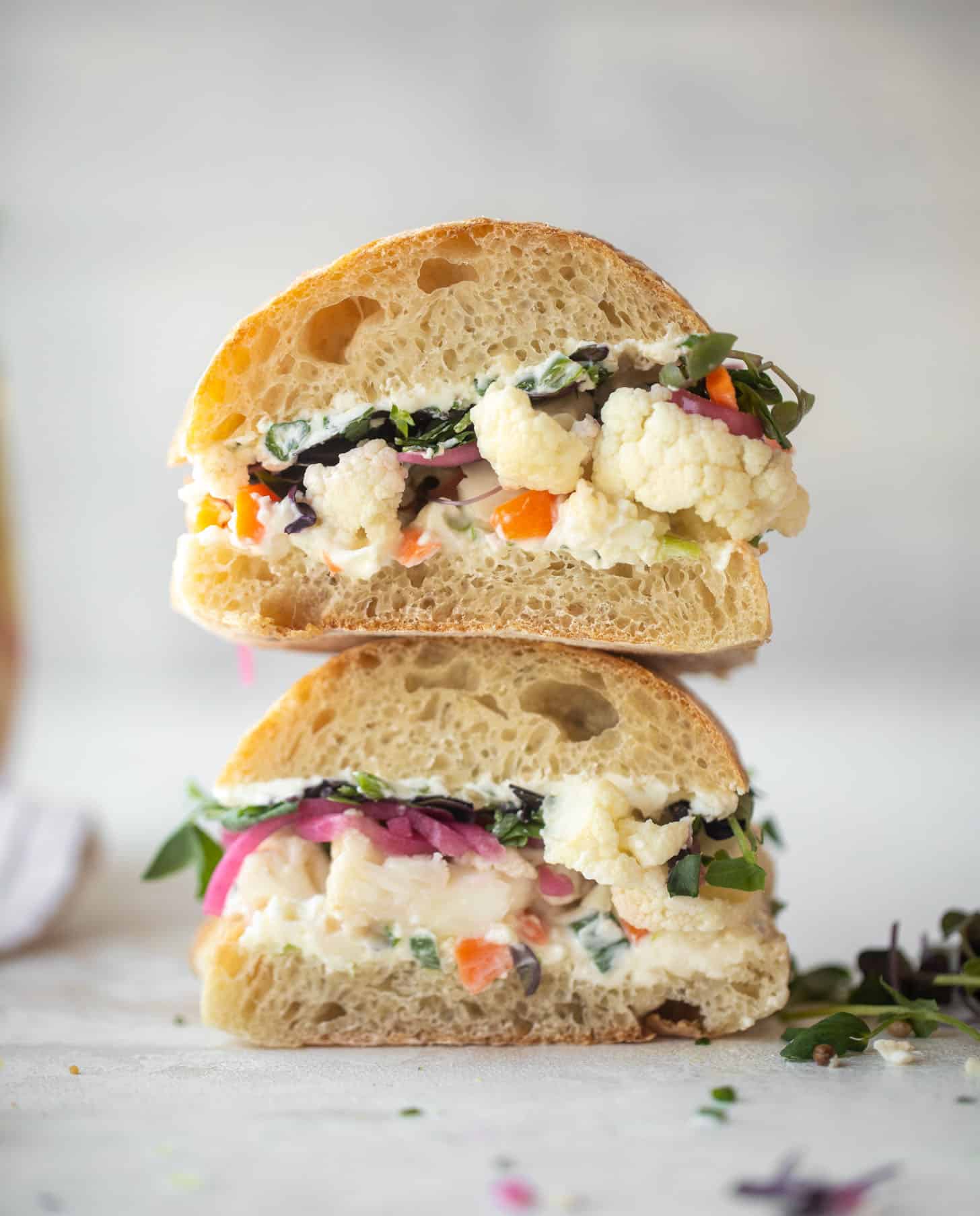 pickled veggie sandwich with scallion cream cheese