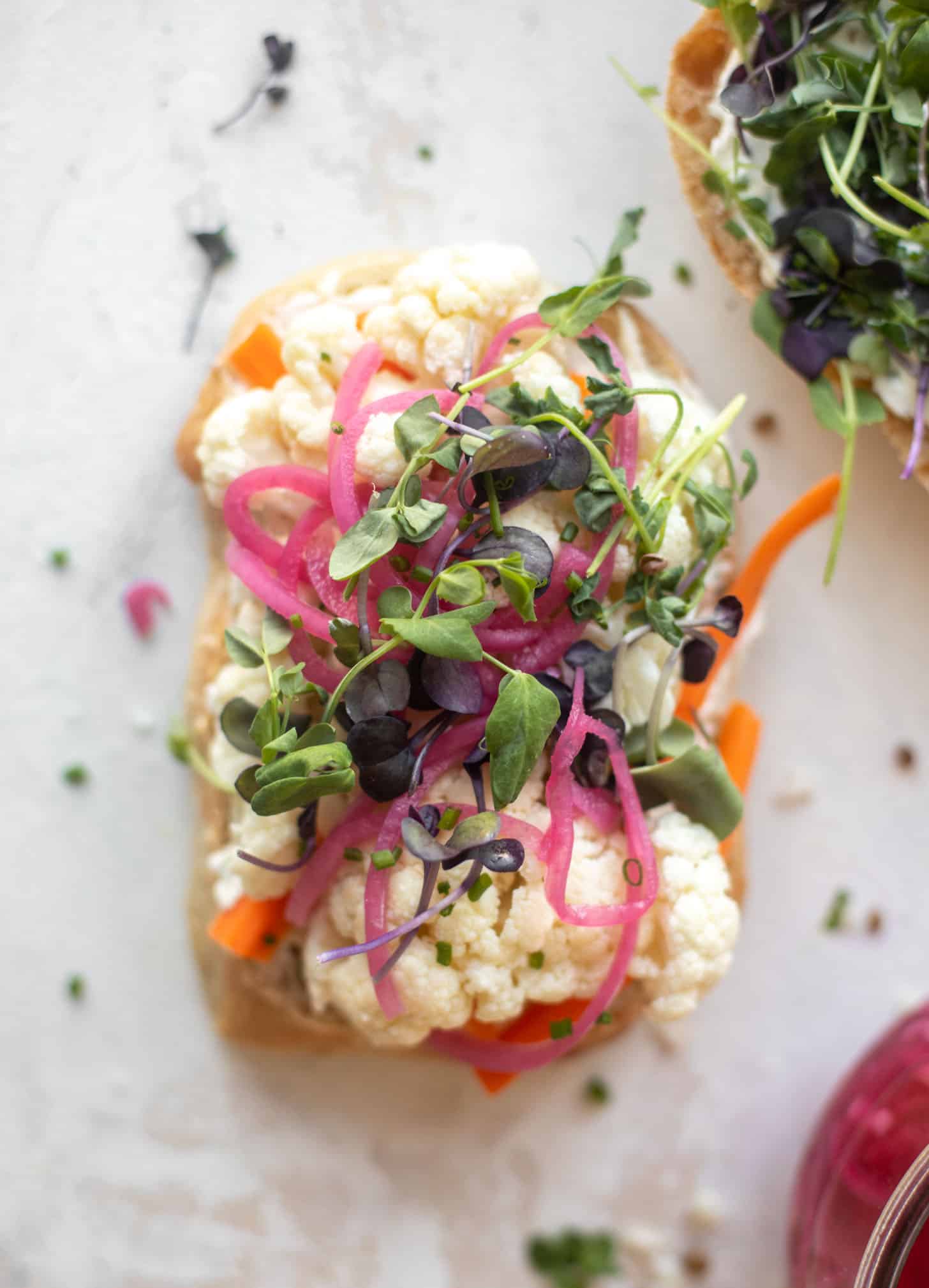 pickled veggie sandwich with scallion cream cheese