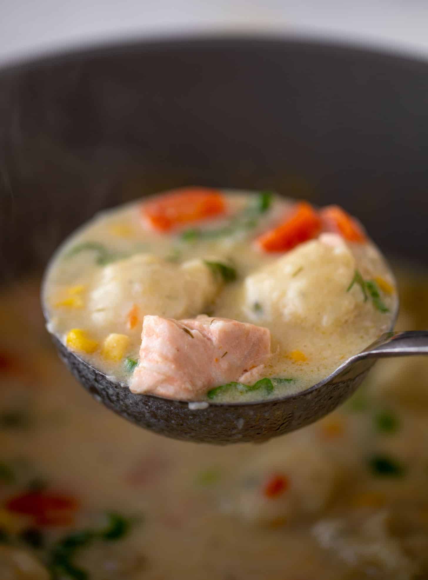 salmon chowder with dill dumplings
