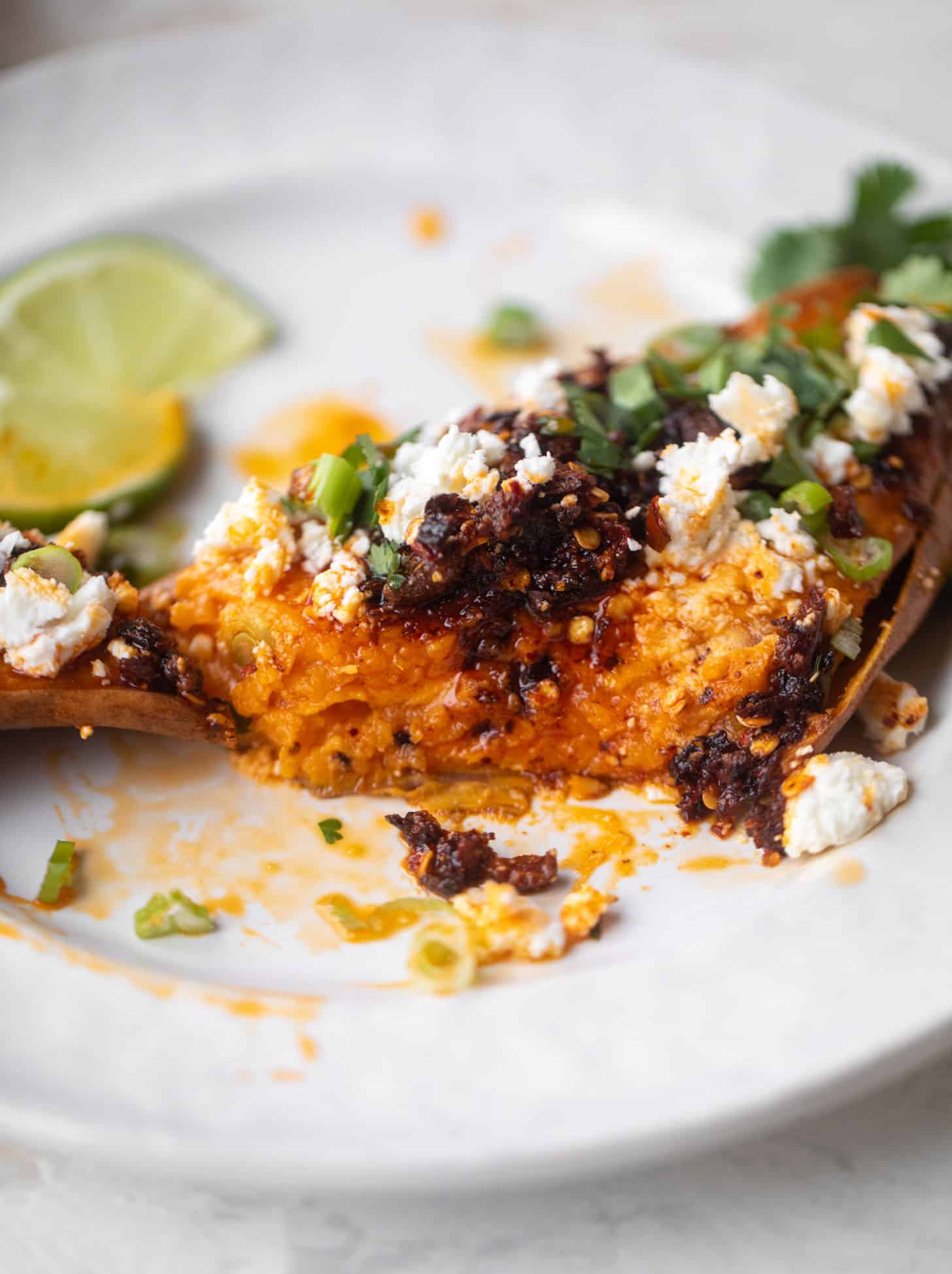 chili crisp sweet potatoes with feta
