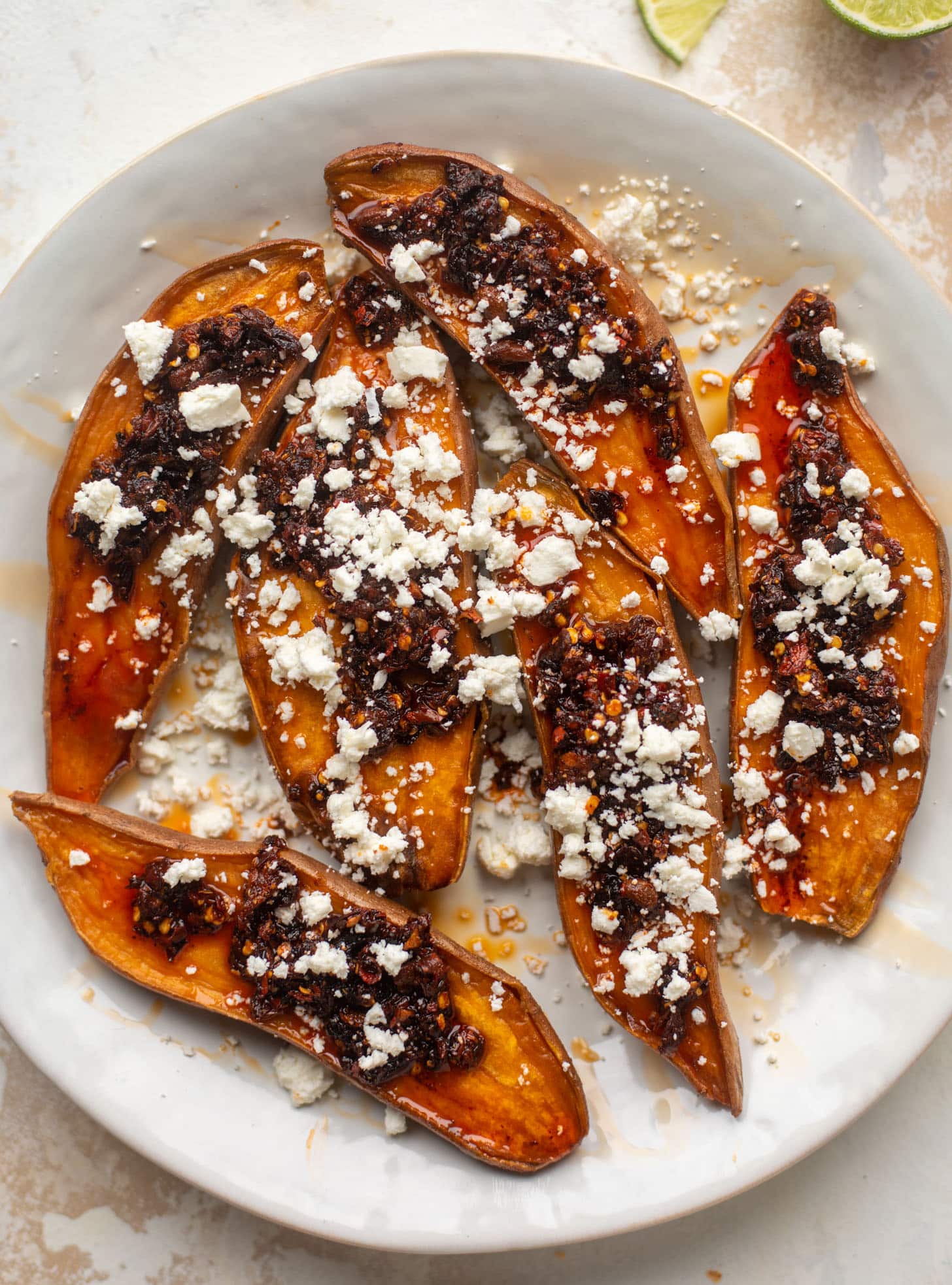 chili crisp sweet potatoes with feta