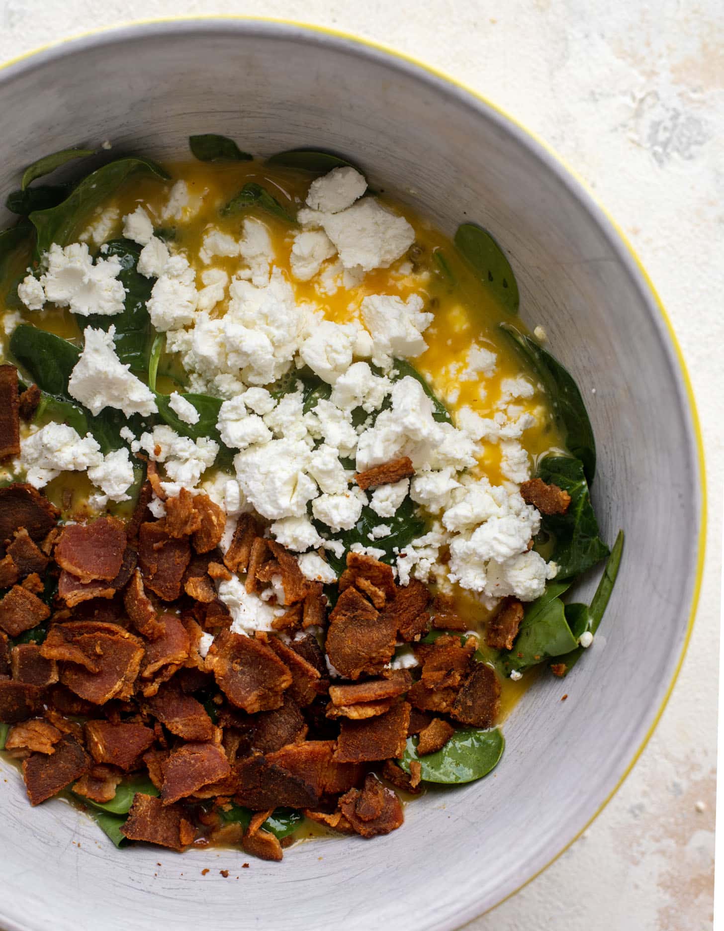 eggs, spinach, goat cheese and bacon