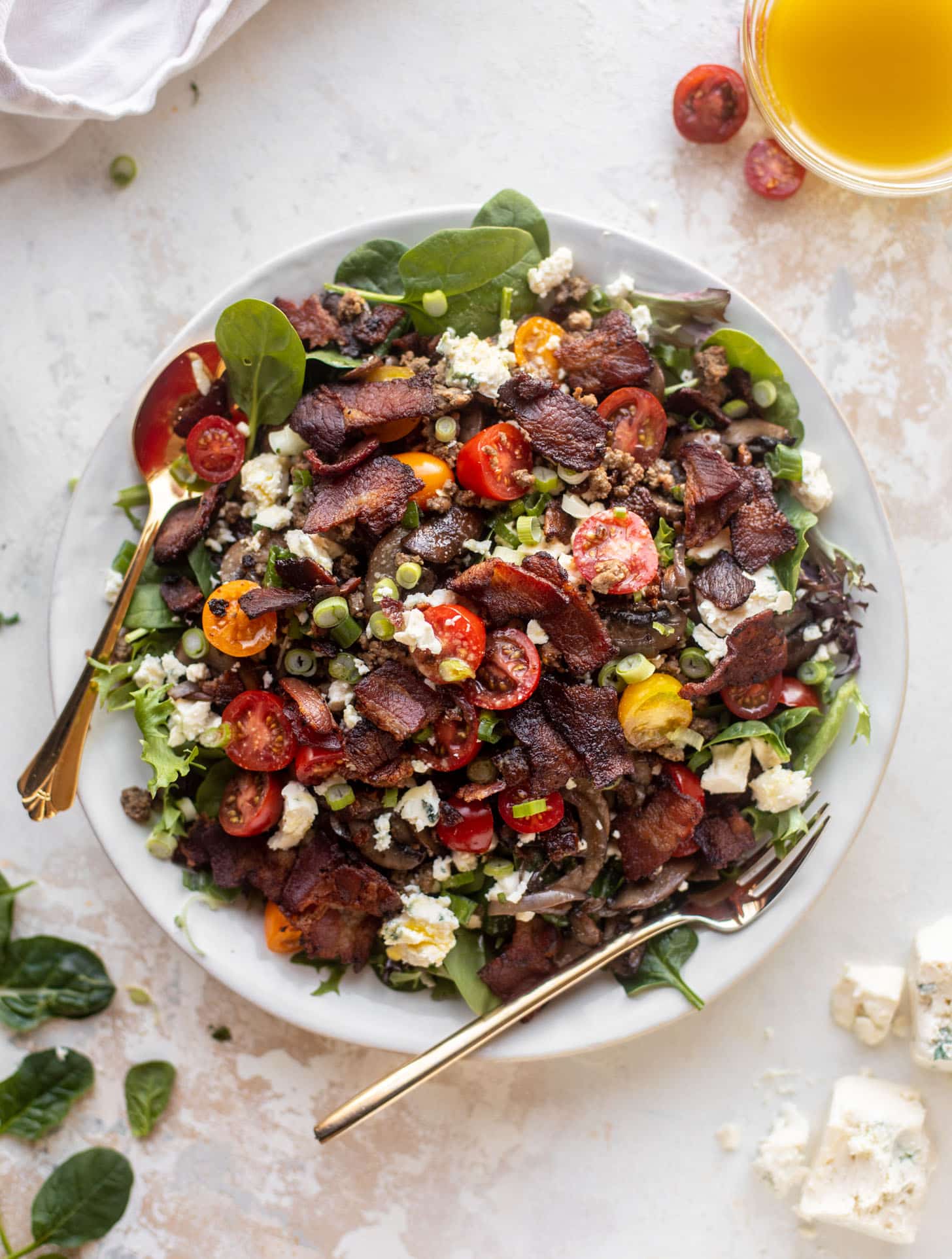 mushroom bacon burger salads with warm dijon vinaigrette