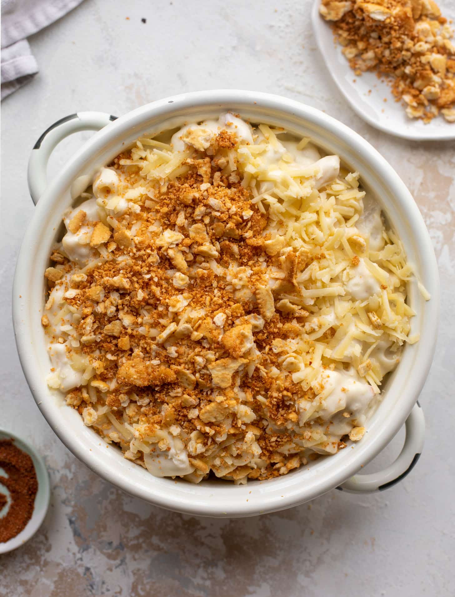 buttery old bay crab mac and cheese ready for the oven