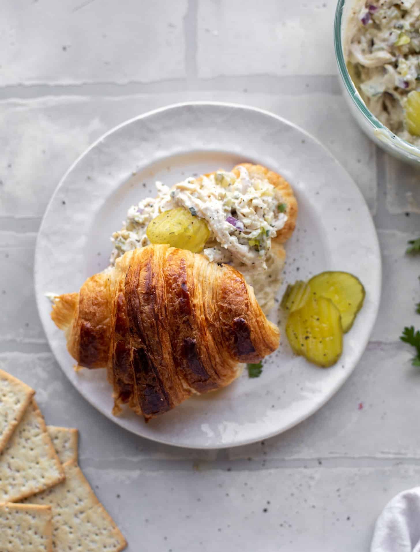 dill pickle chicken salad on a croissant
