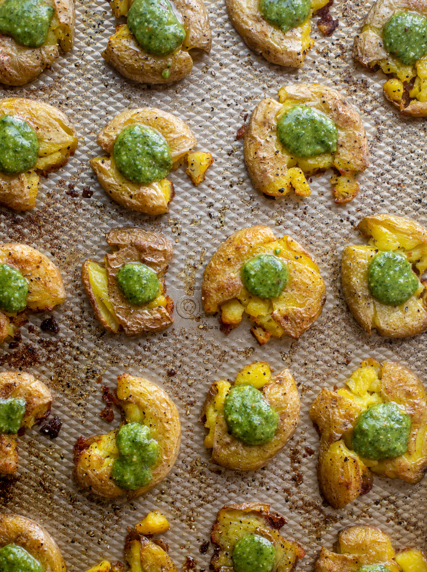 crispy pesto smashed potatoes